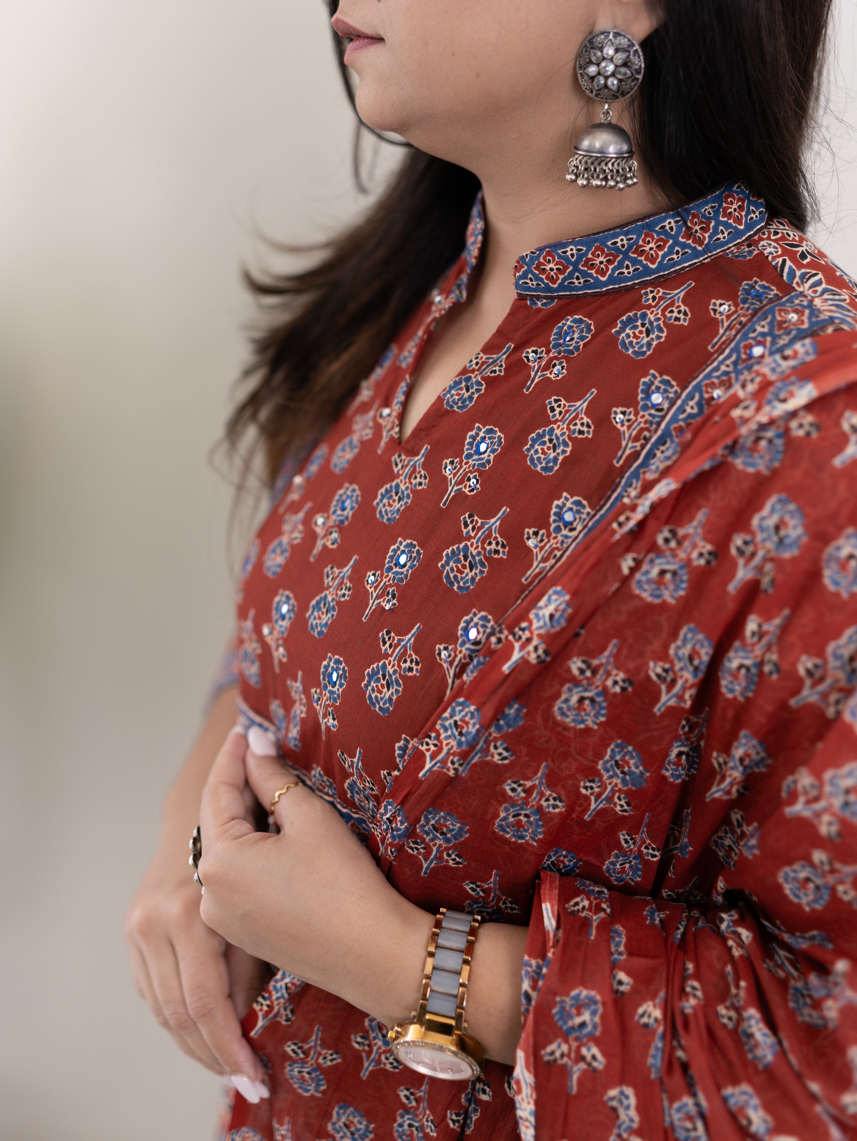 Nyla Handblock Cotton Embroidered Dupatta Set