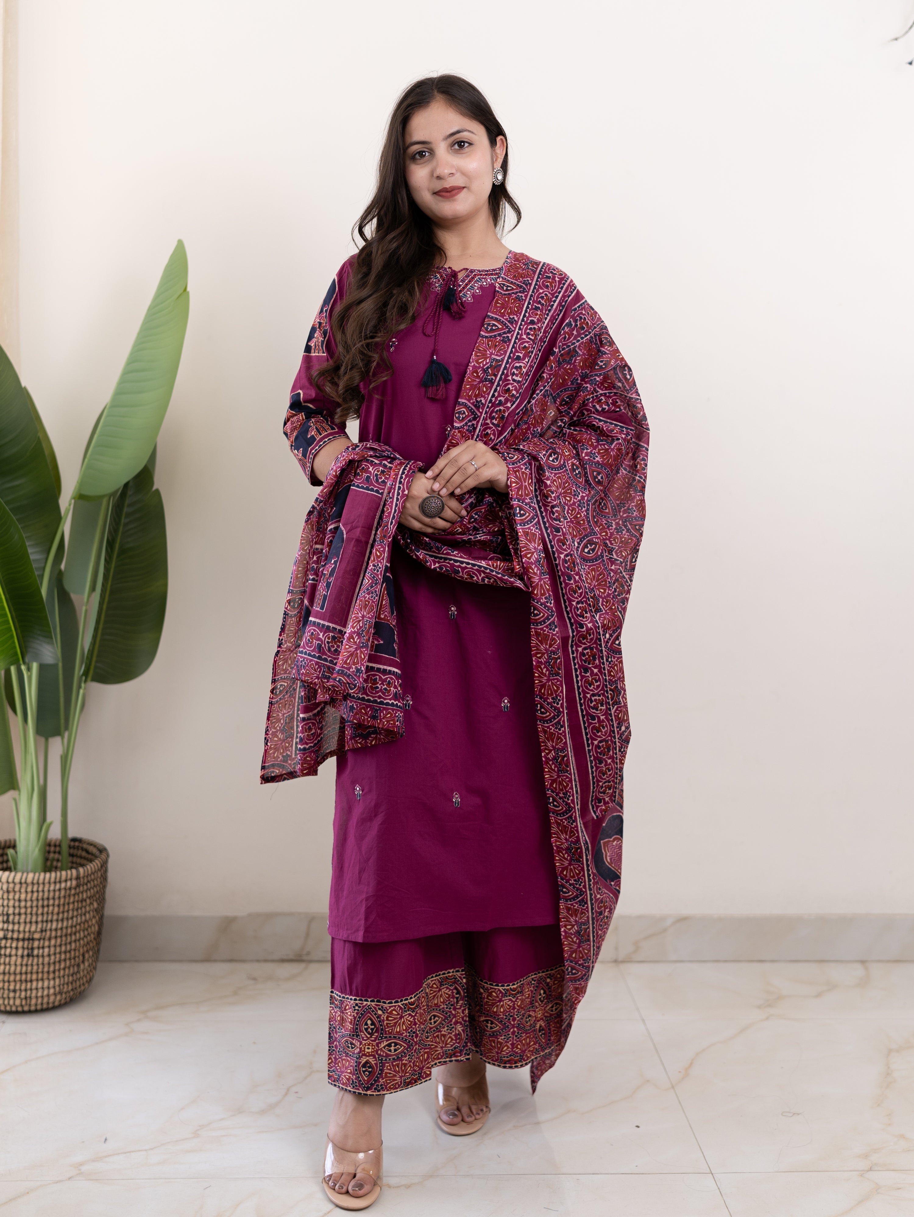 Komal Purple Ajrakh Cotton Embroidered Dupatta set