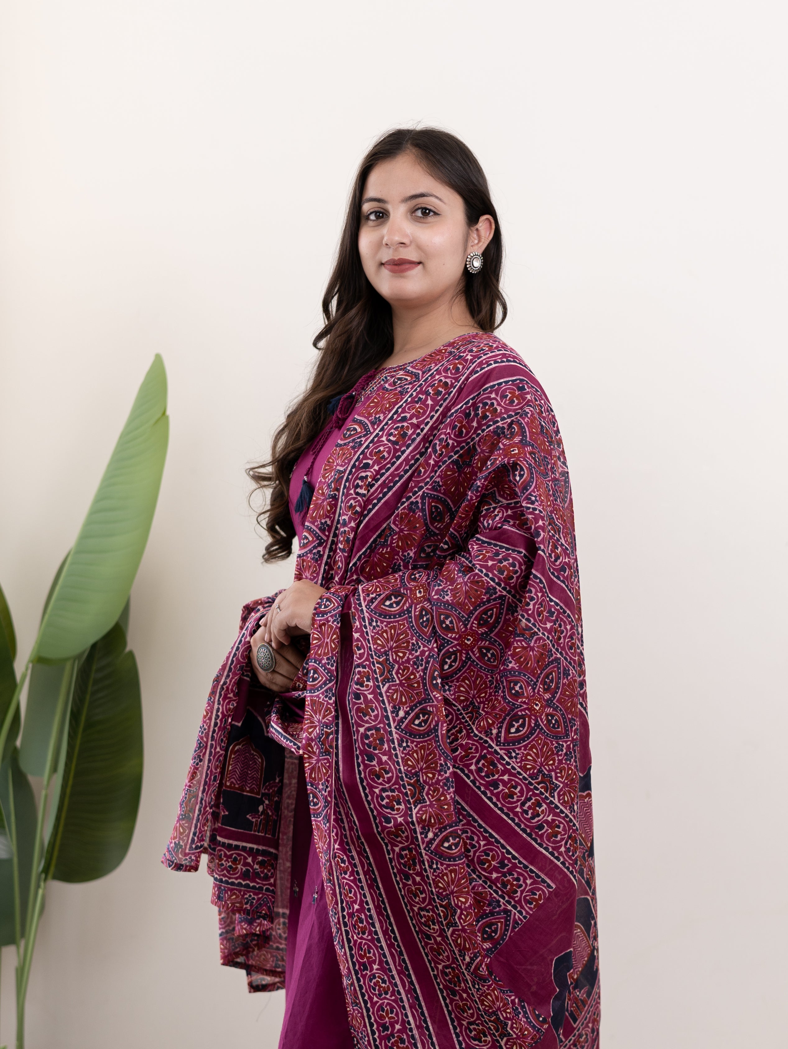 Komal Purple Ajrakh Cotton Embroidered Dupatta set