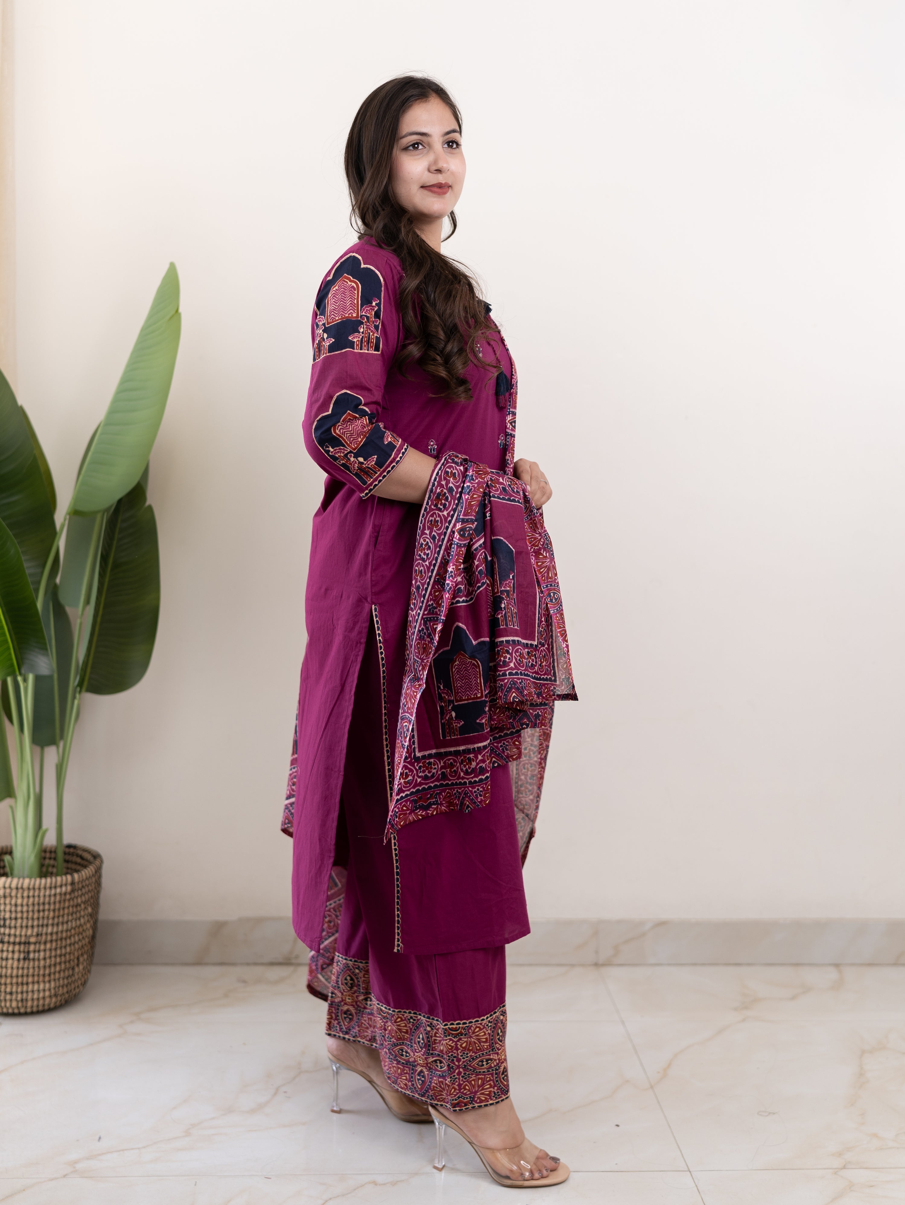 Komal Purple Ajrakh Cotton Embroidered Dupatta set