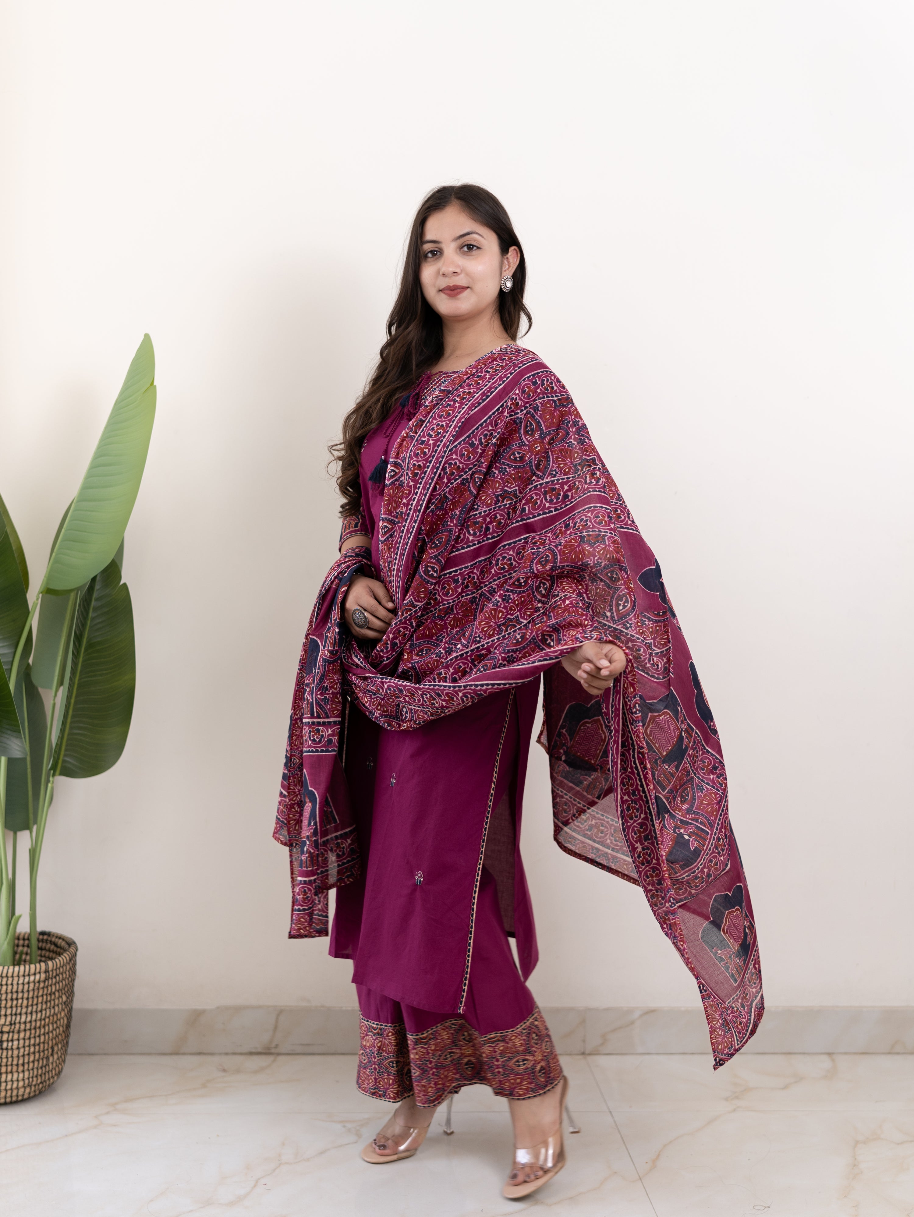 Komal Purple Ajrakh Cotton Embroidered Dupatta set