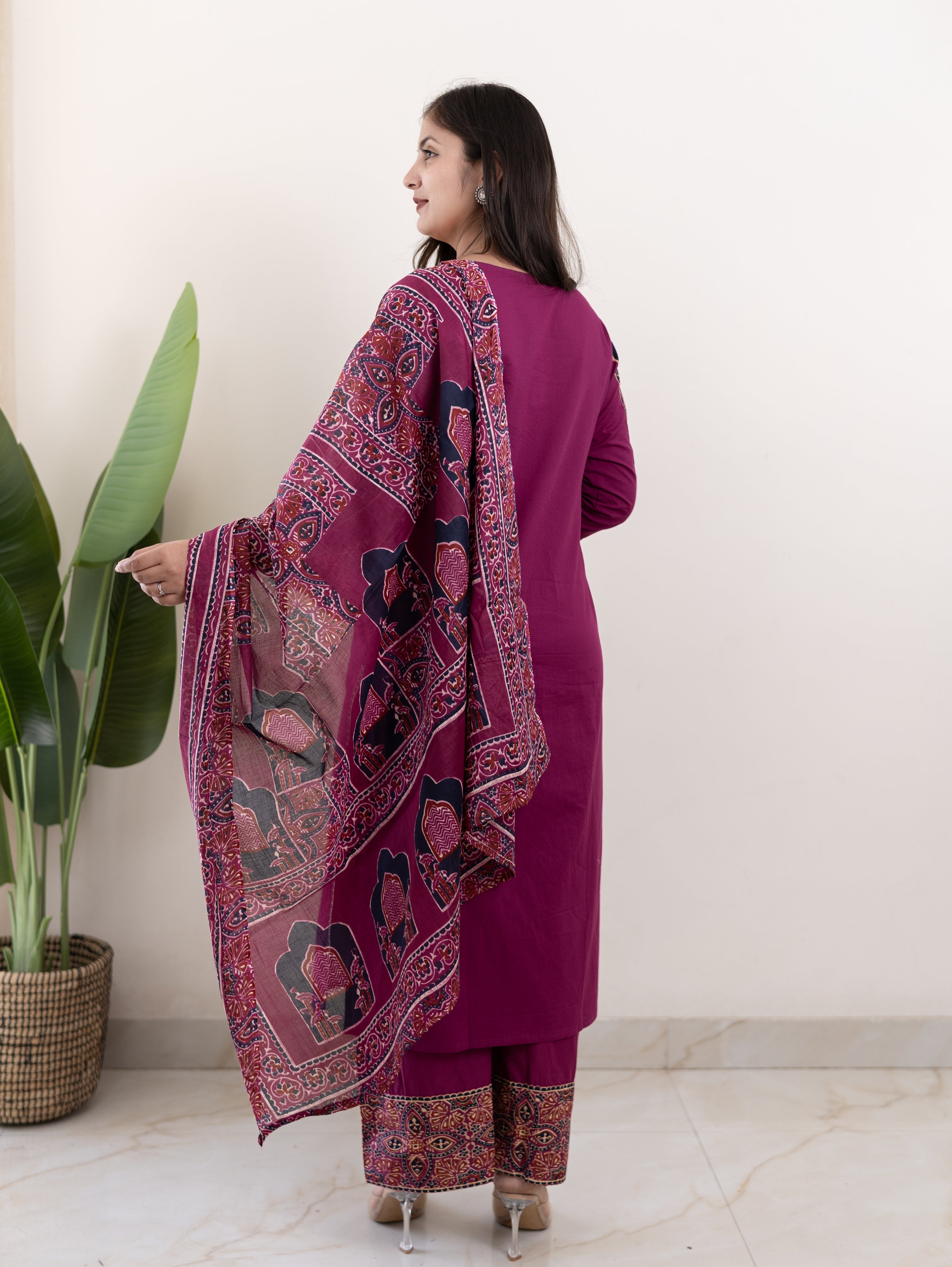 Komal Purple Ajrakh Cotton Embroidered Dupatta set