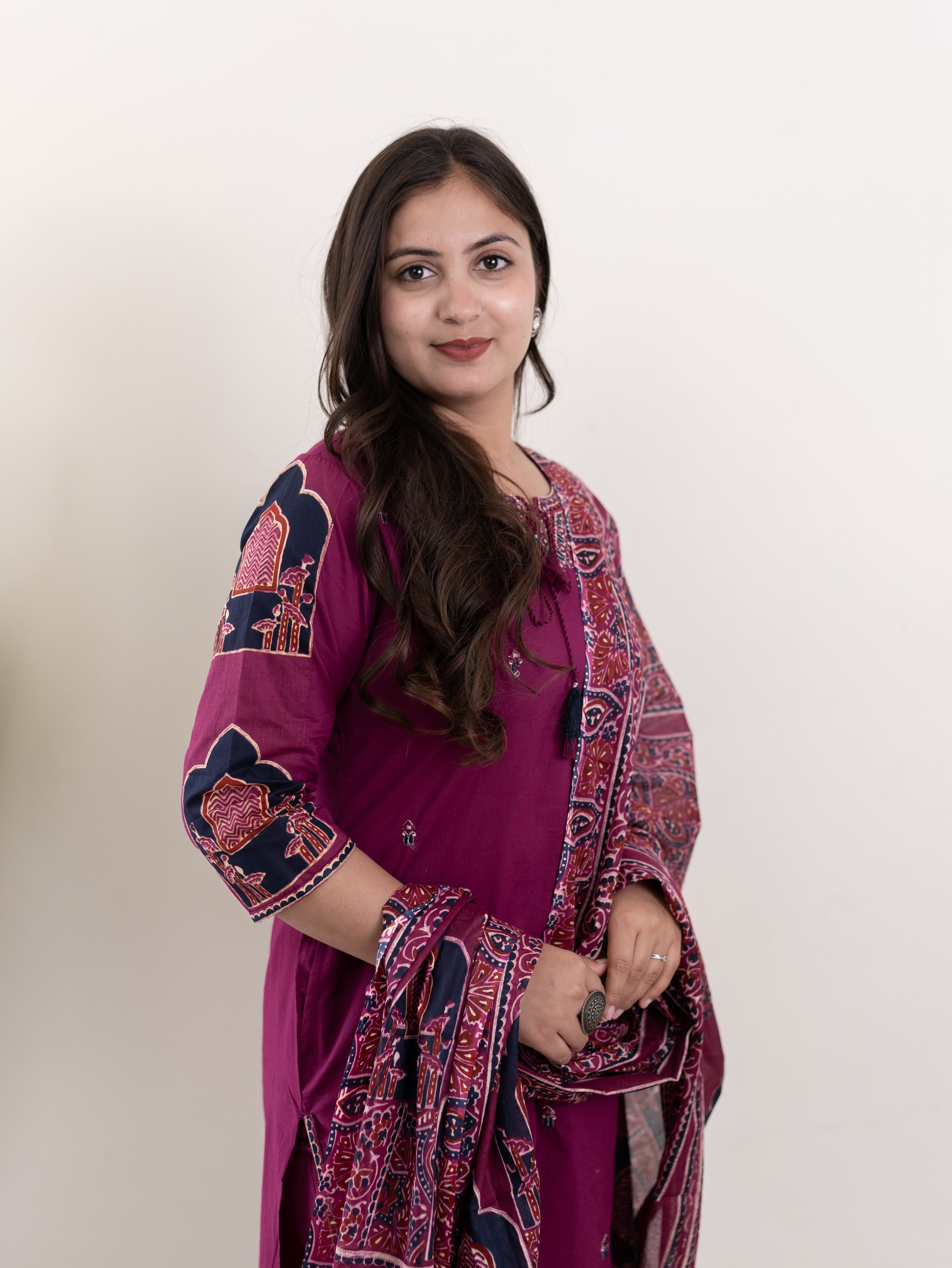 Komal Purple Ajrakh Cotton Embroidered Dupatta set
