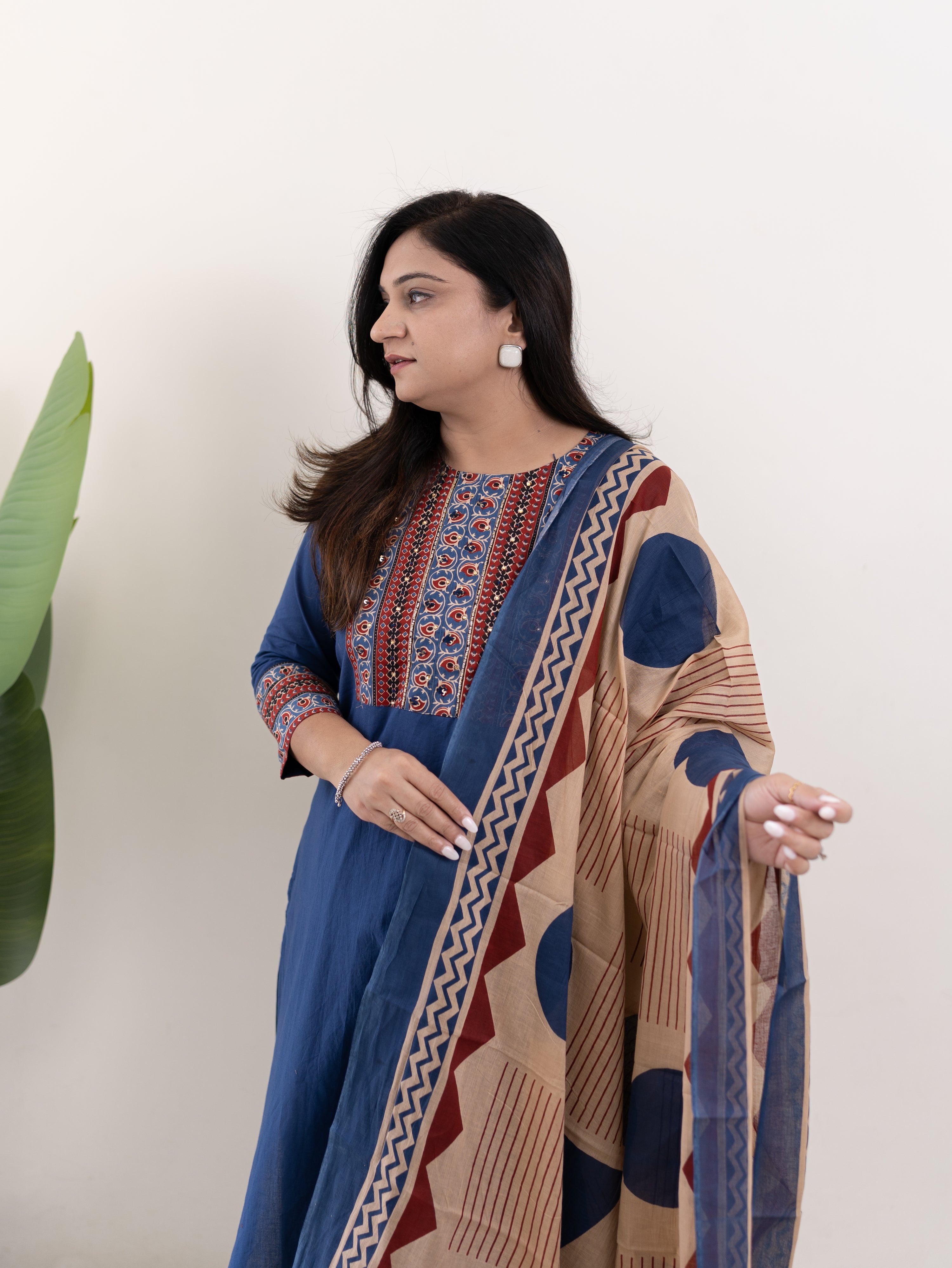 Prita Blue Cotton Embroidered Straight Dupatta Set