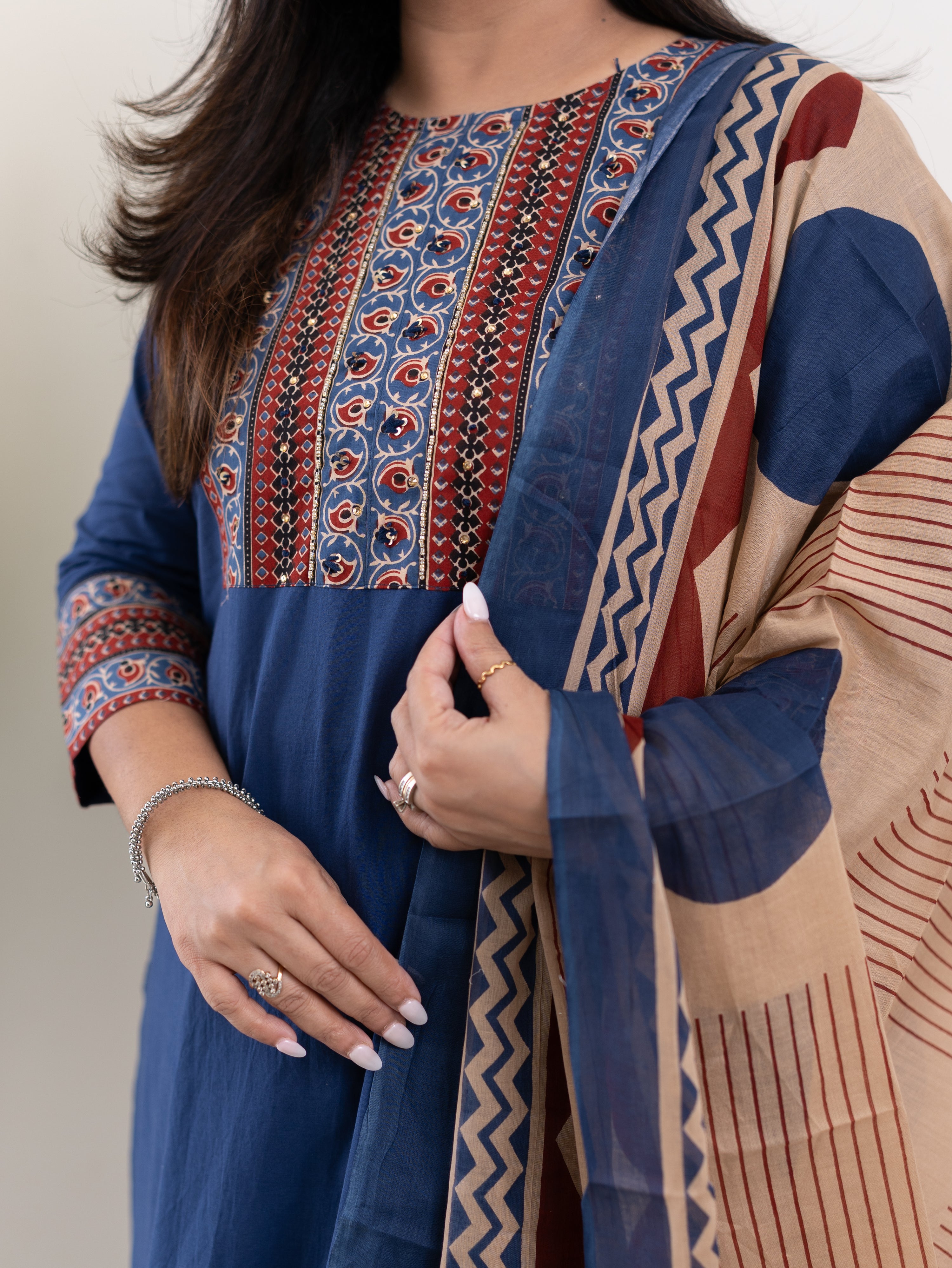 Prita Blue Cotton Embroidered Straight Dupatta Set