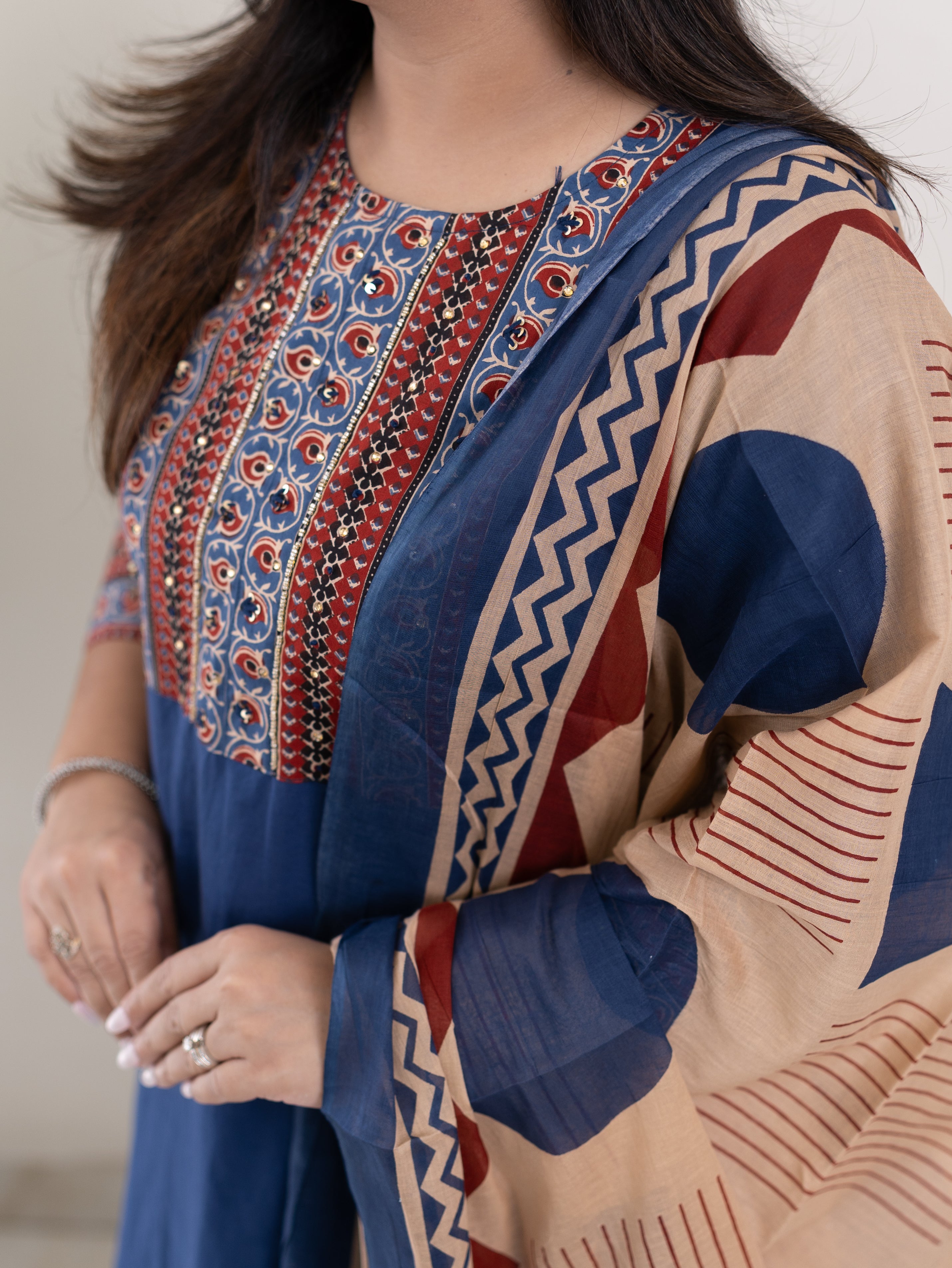 Prita Blue Cotton Embroidered Straight Dupatta Set