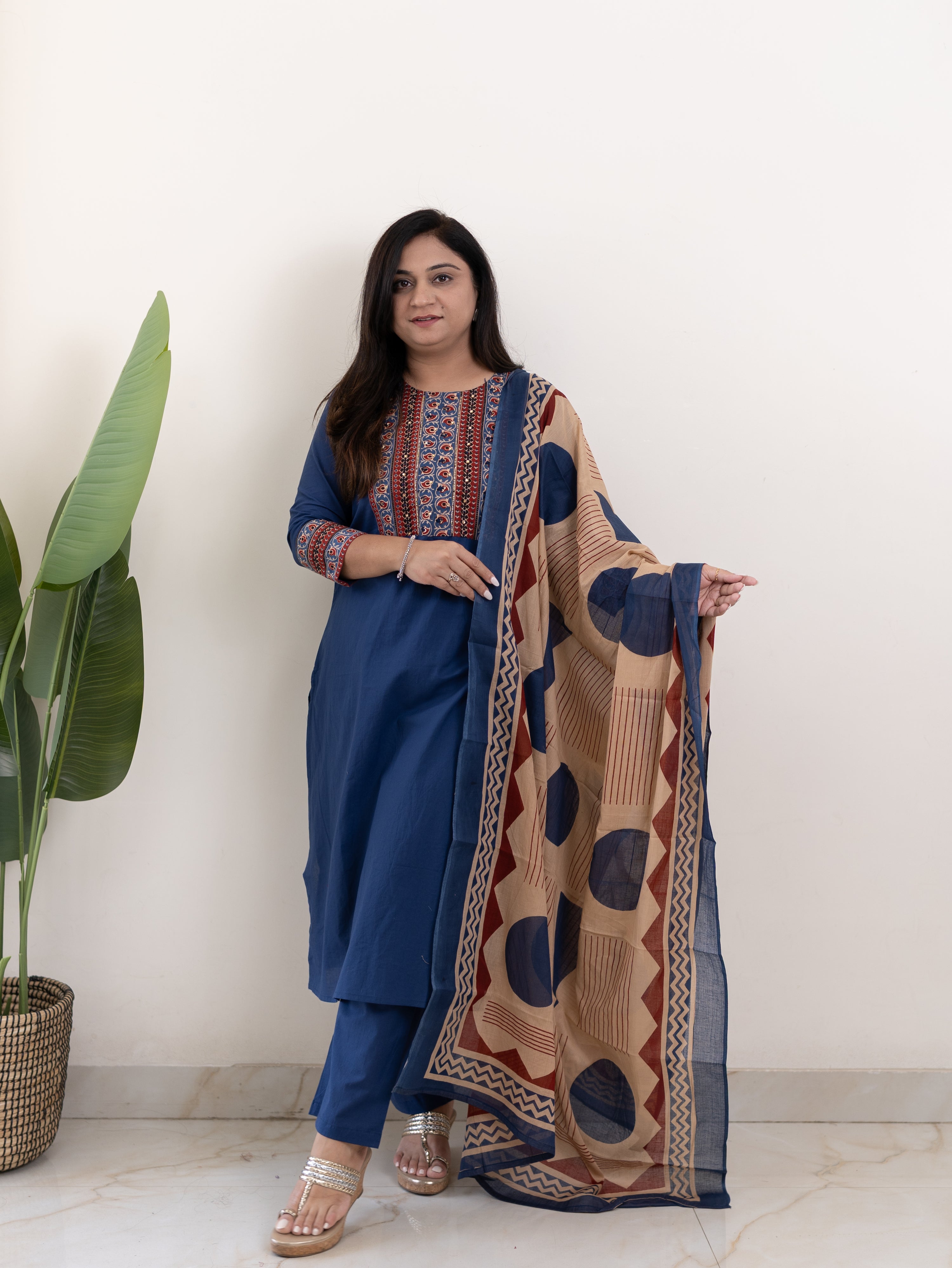 Prita Blue Cotton Embroidered Straight Dupatta Set