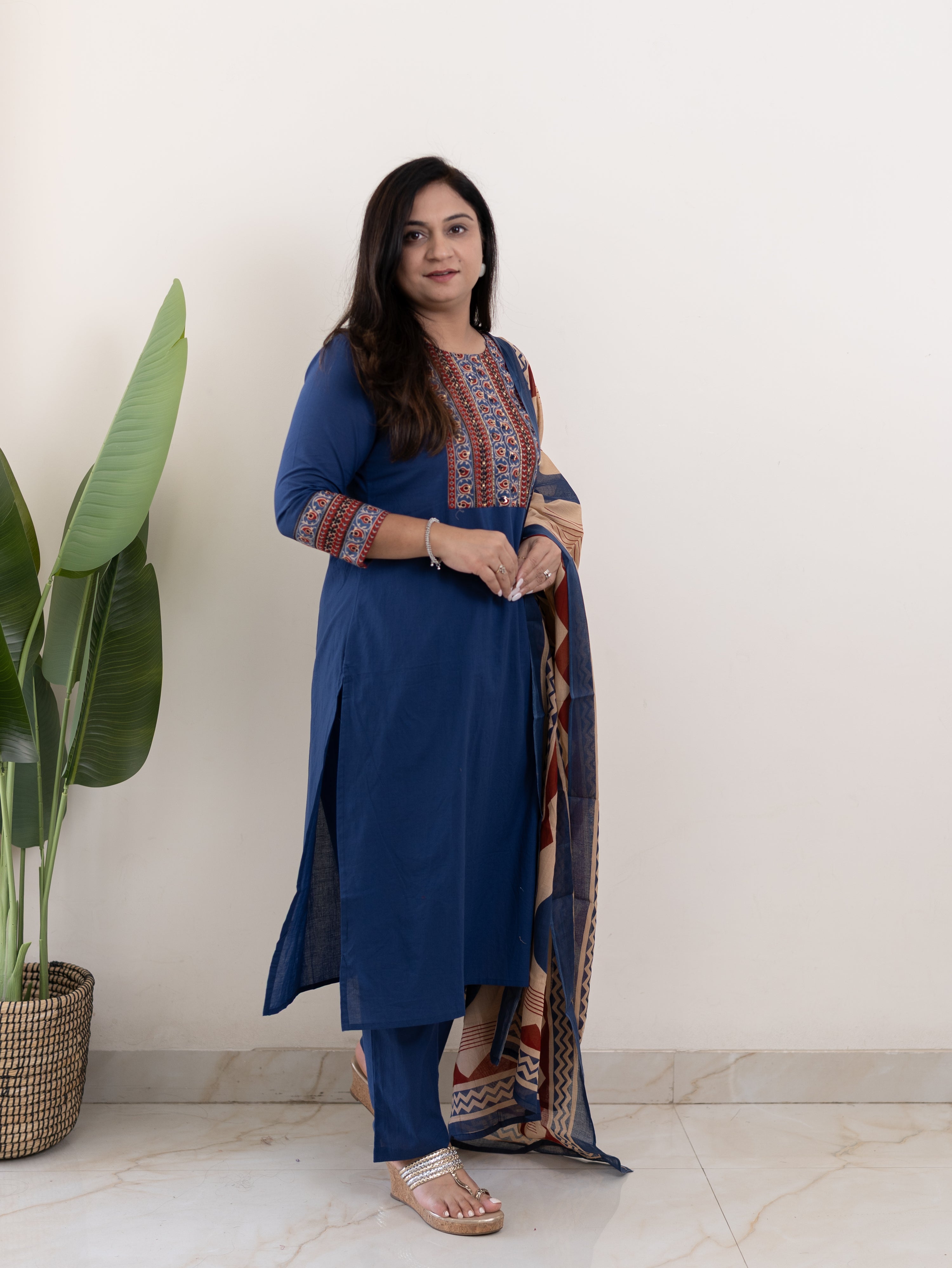 Prita Blue Cotton Embroidered Straight Dupatta Set