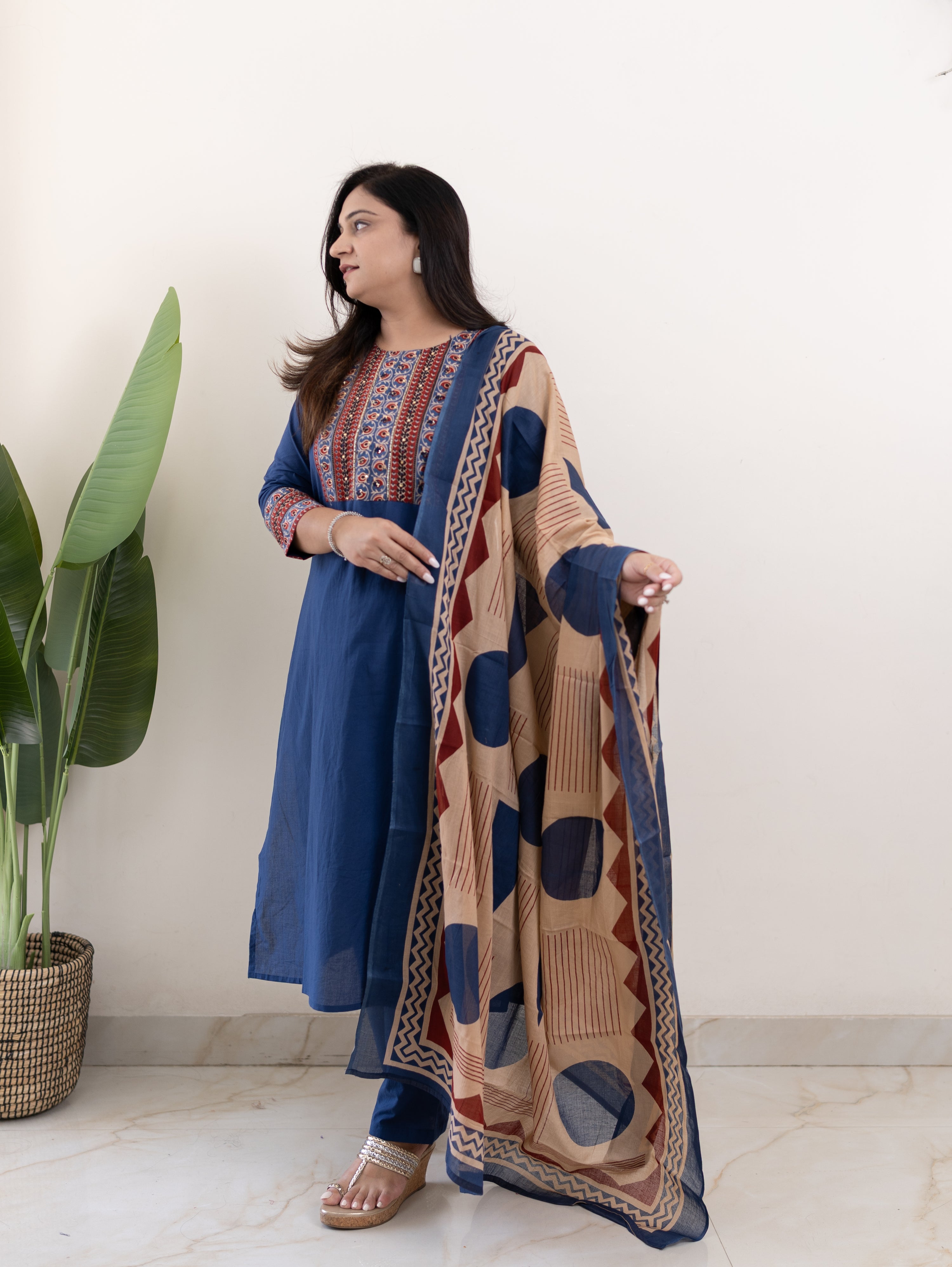 Prita Blue Cotton Embroidered Straight Dupatta Set