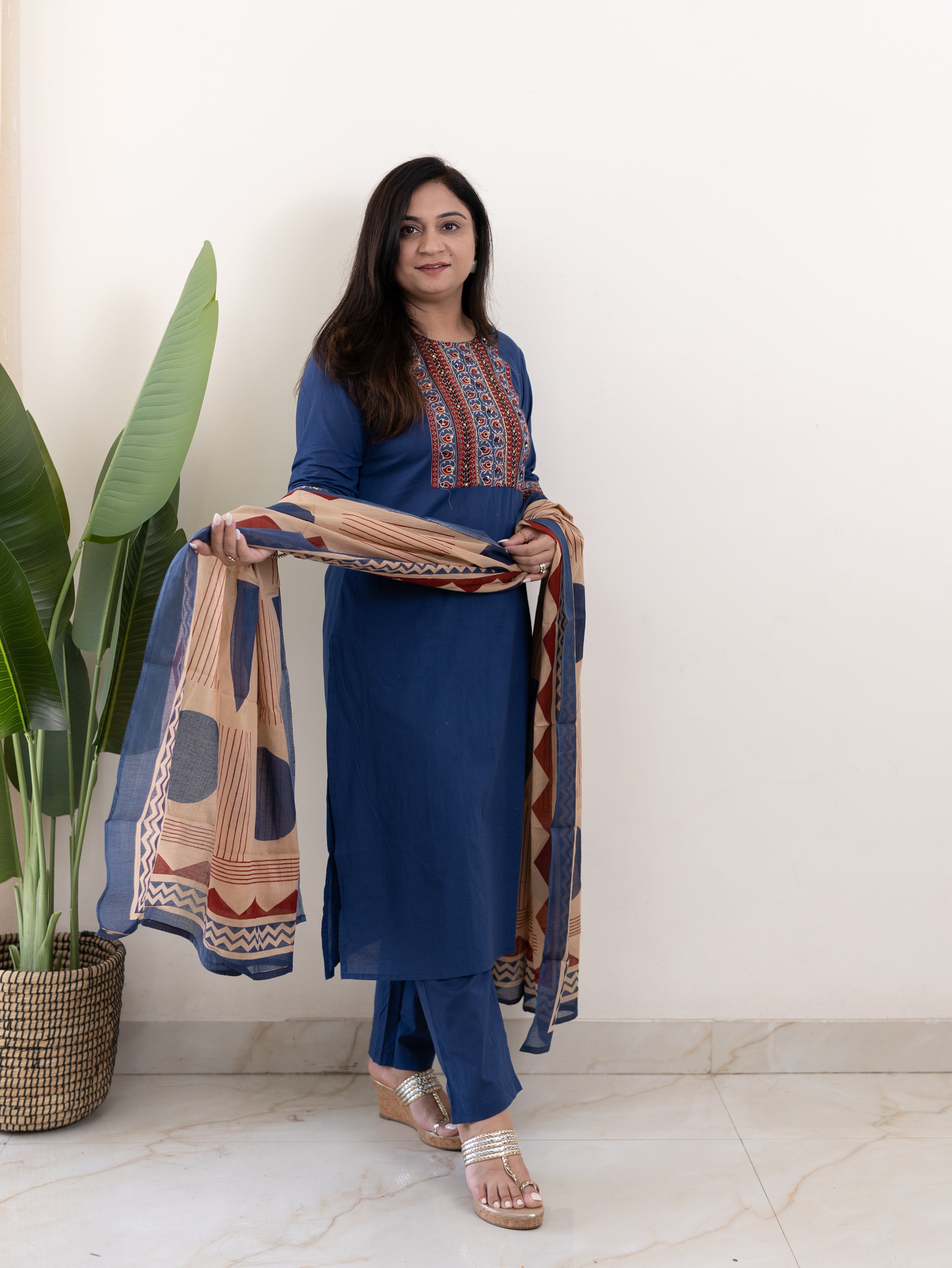 Prita Blue Cotton Embroidered Straight Dupatta Set