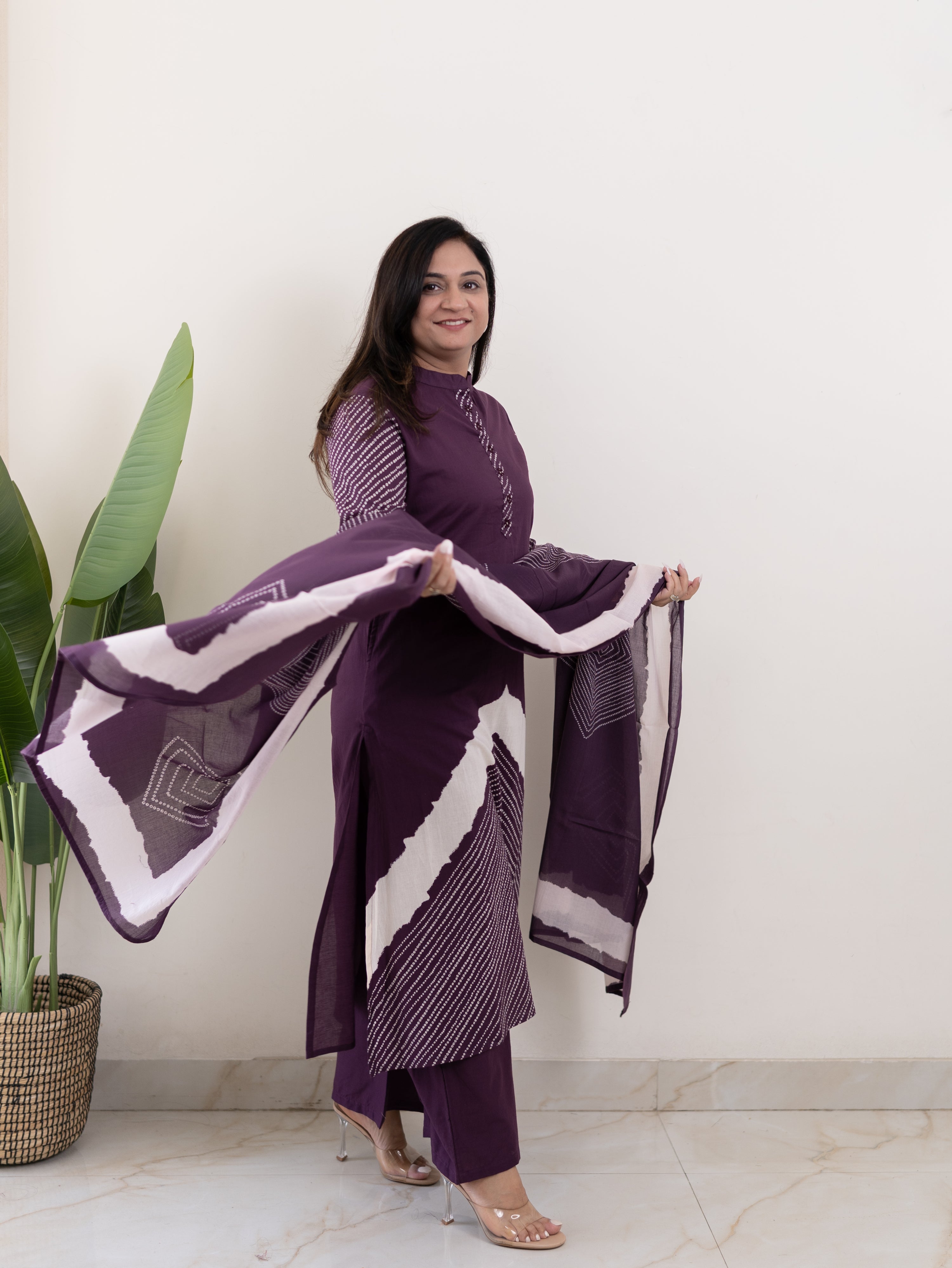 Isra Purple Cotton Bandhani Straight Pant Set