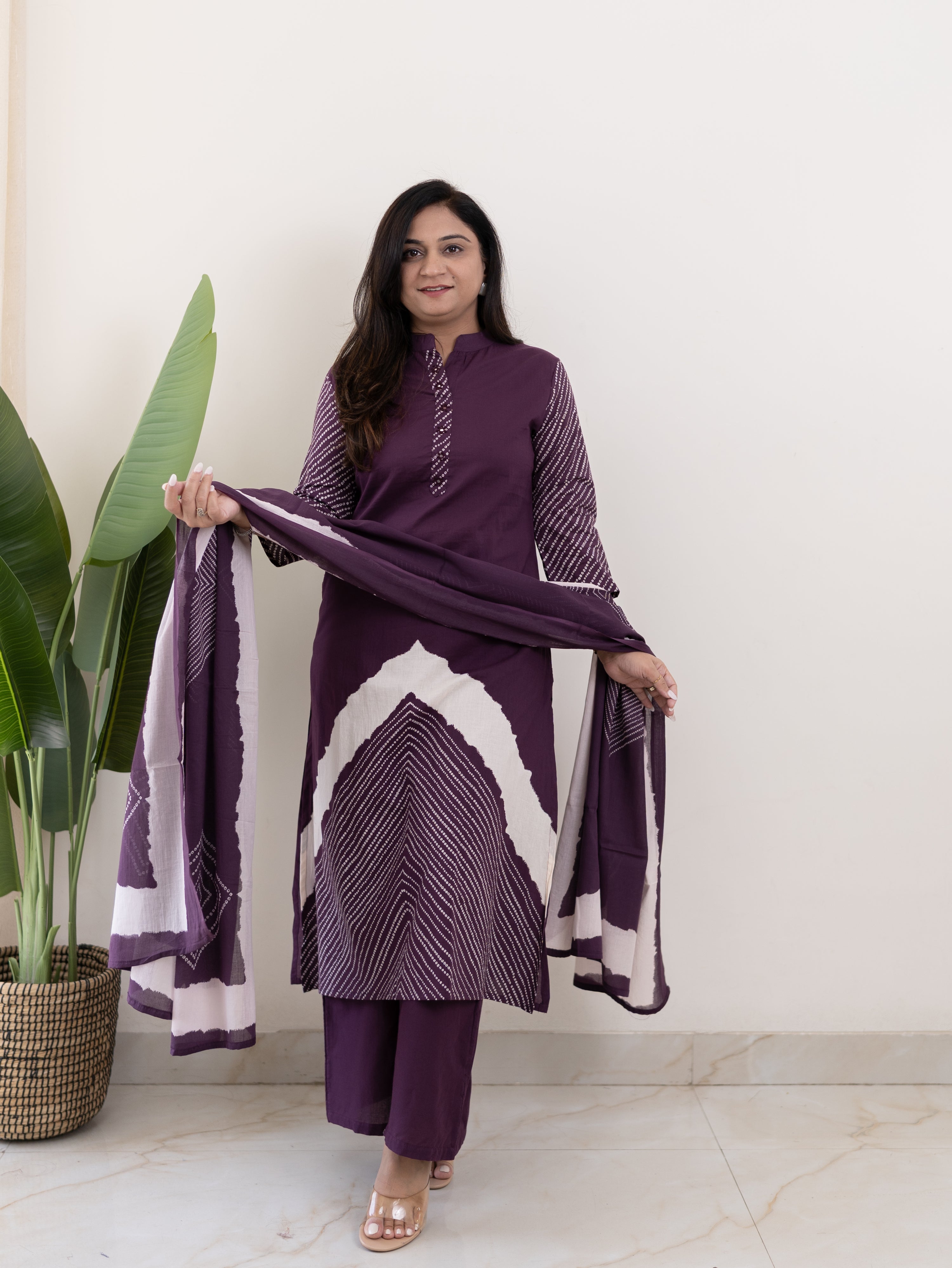 Isra Purple Cotton Bandhani Straight Pant Set