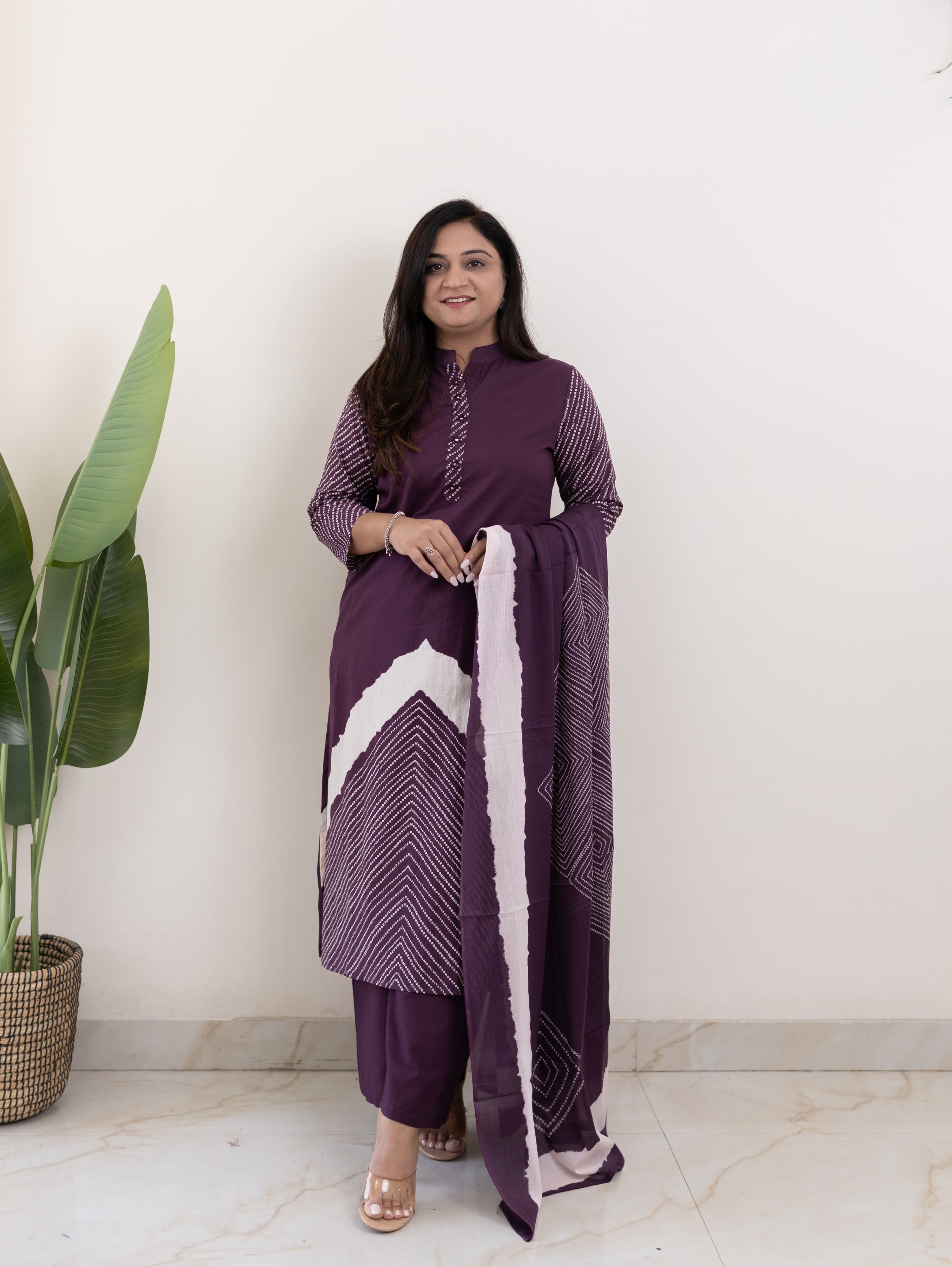 Isra Purple Cotton Bandhani Straight Pant Set