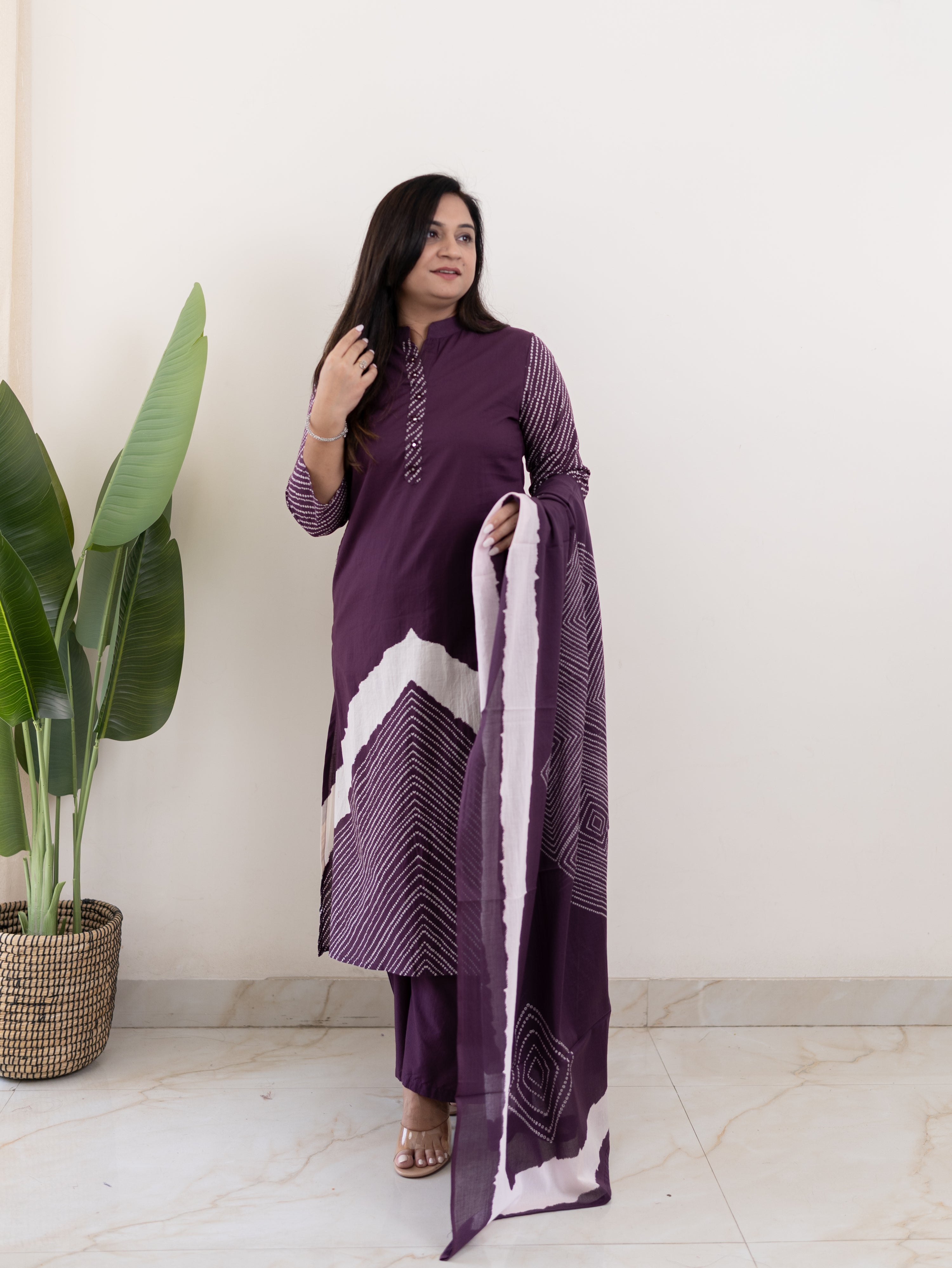 Isra Purple Cotton Bandhani Straight Pant Set