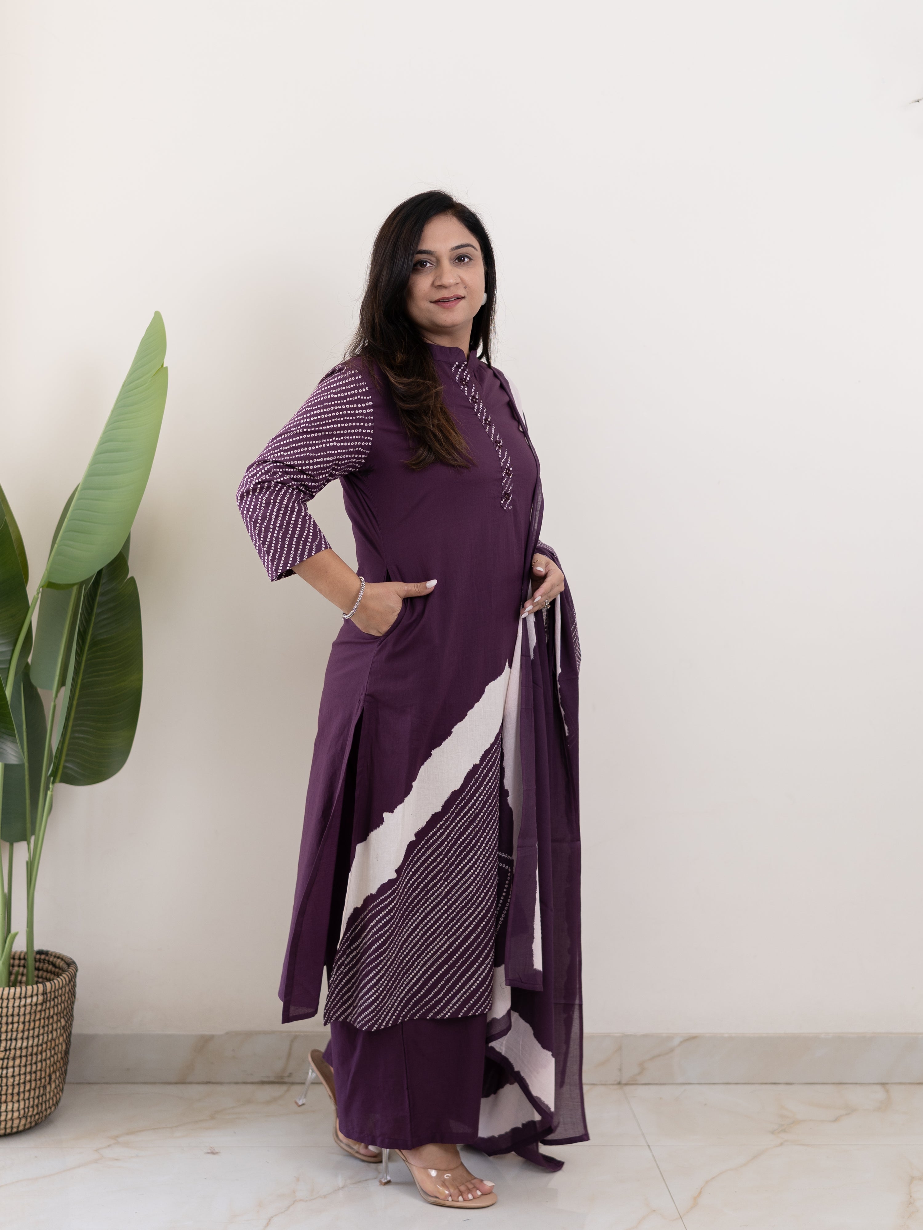 Isra Purple Cotton Bandhani Straight Pant Set