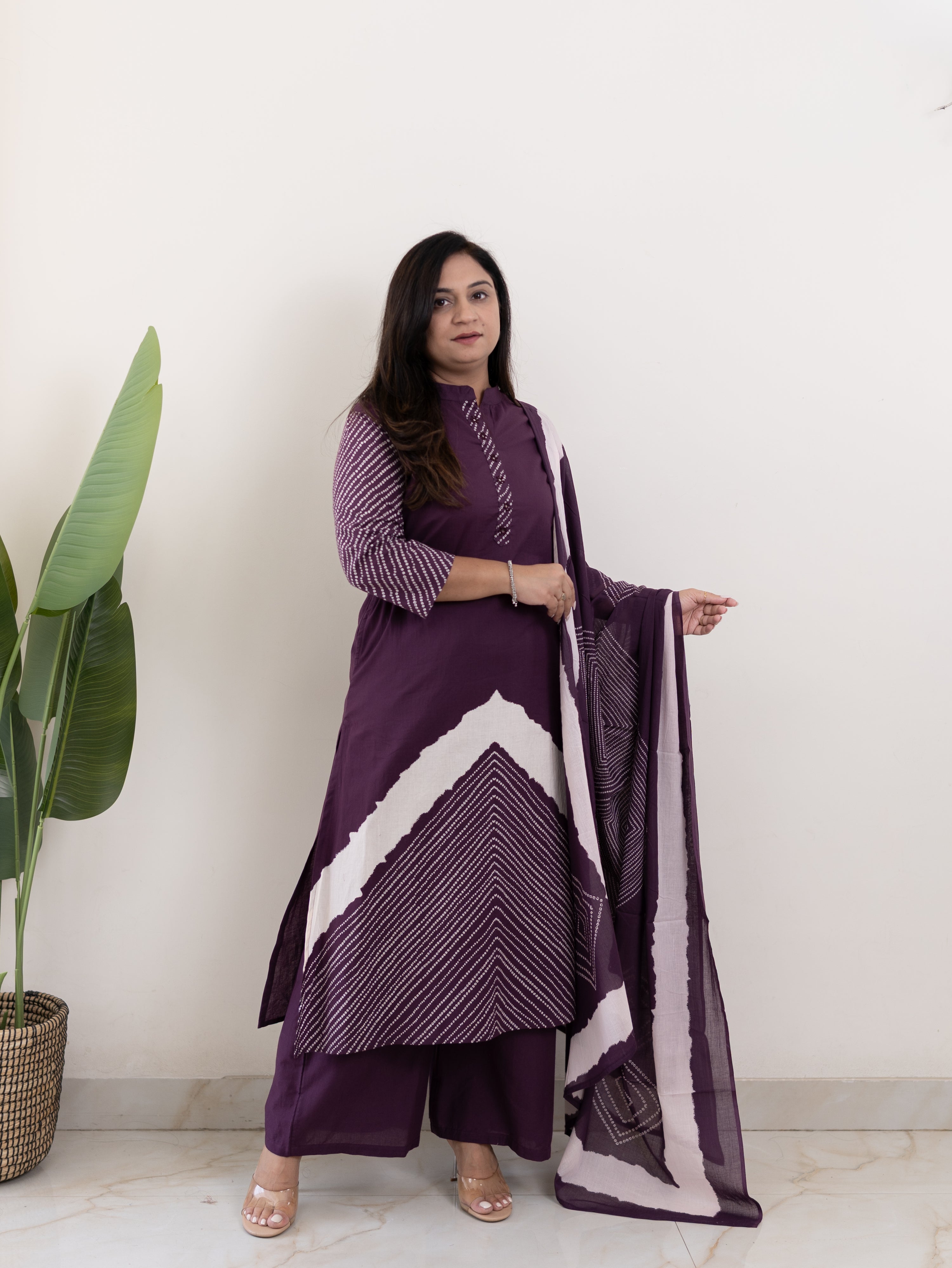 Isra Purple Cotton Bandhani Straight Pant Set