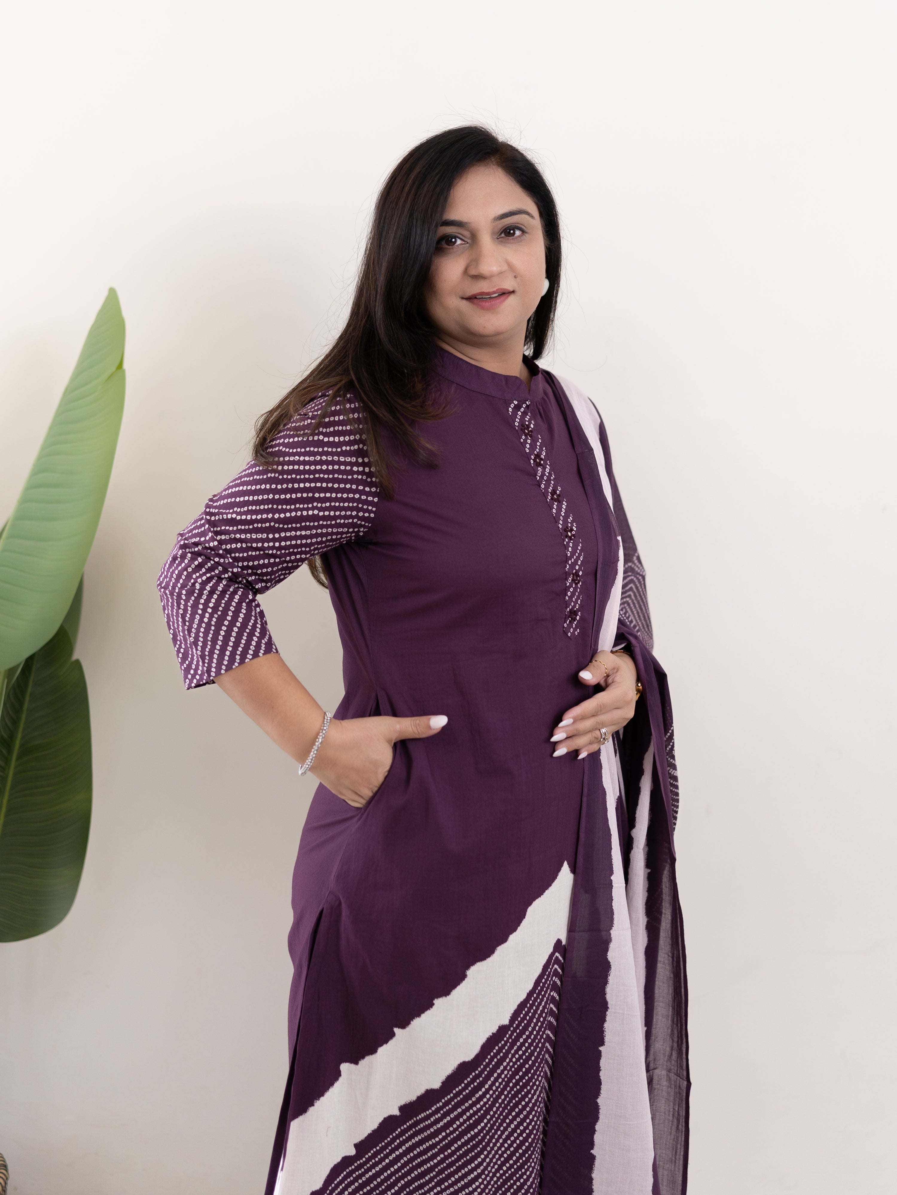 Isra Purple Cotton Bandhani Straight Pant Set