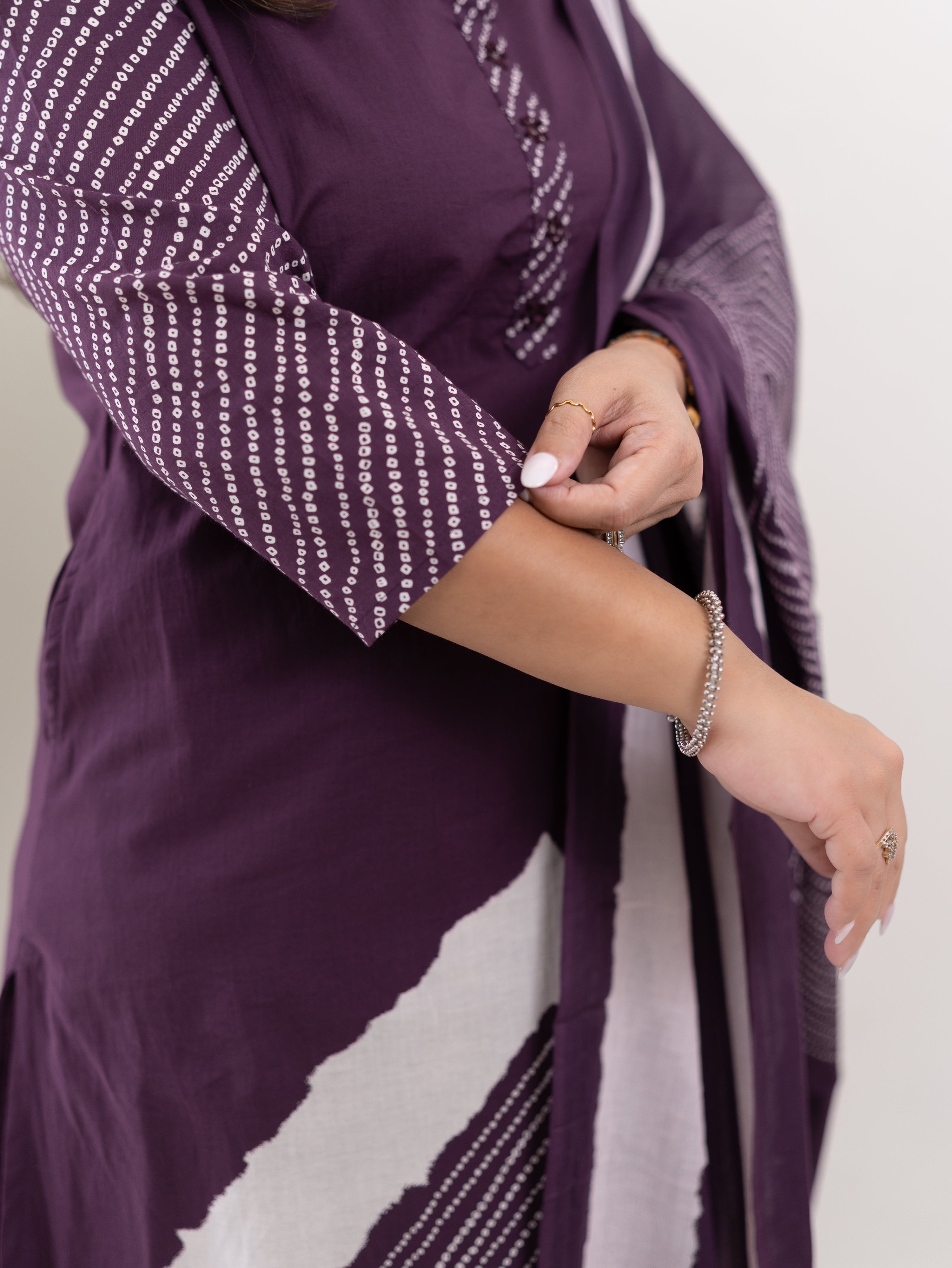 Isra Purple Cotton Bandhani Straight Pant Set