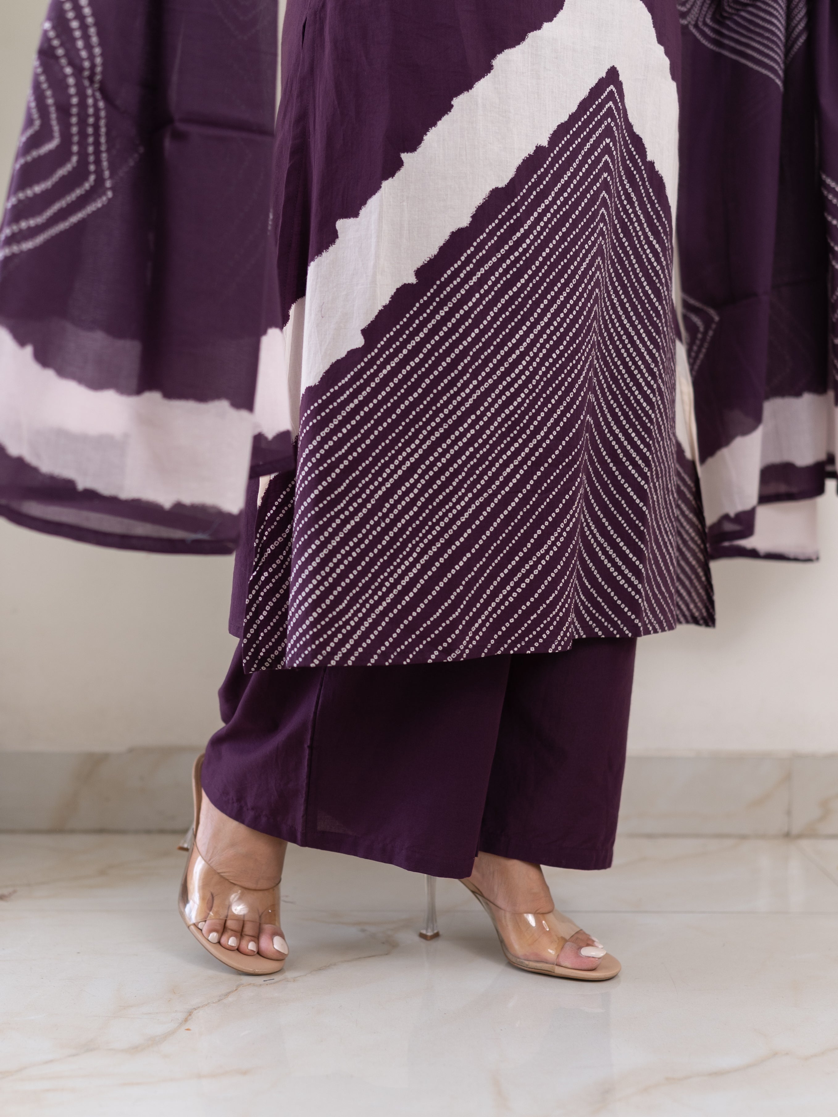 Isra Purple Cotton Bandhani Straight Pant Set