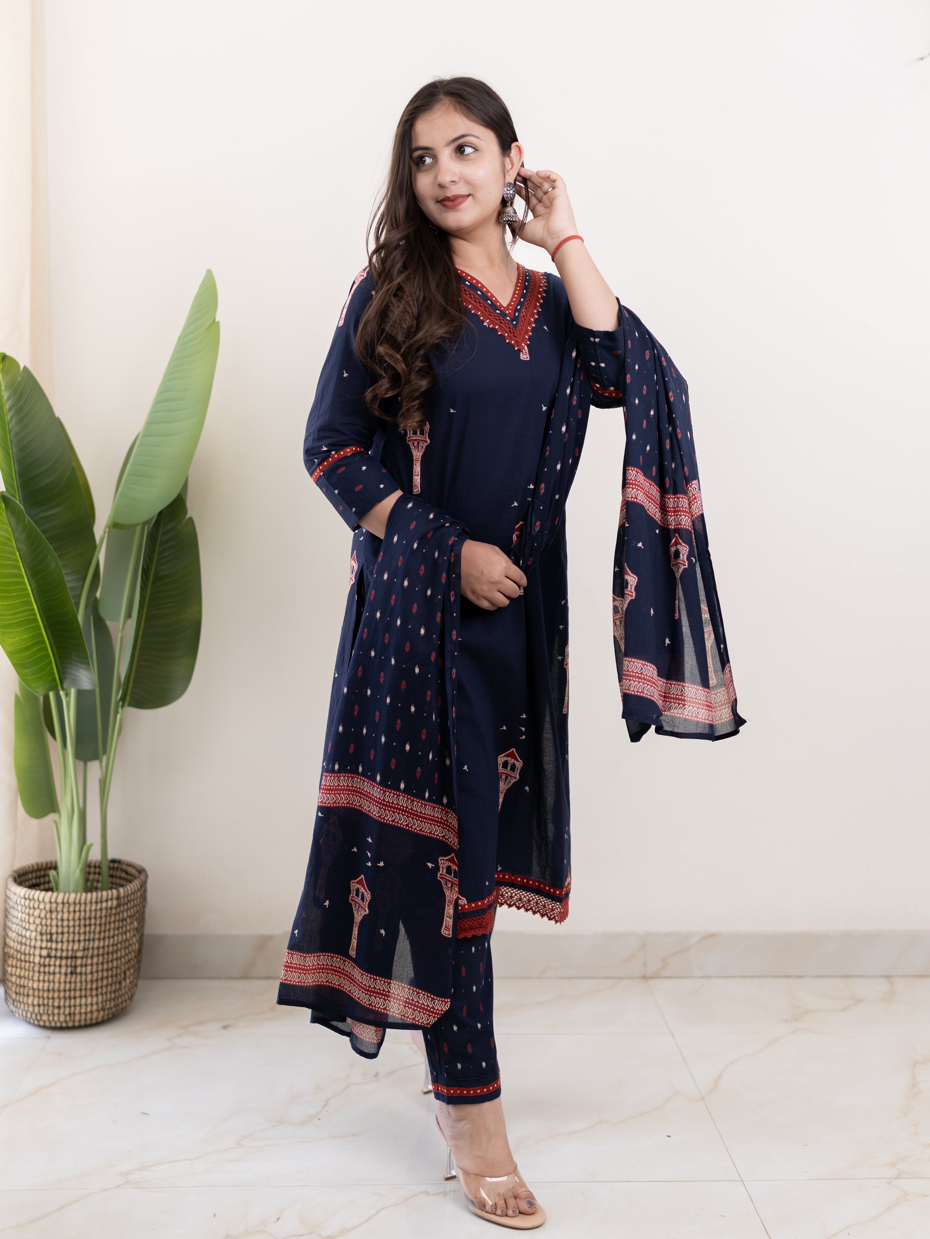 Blue Jaipuri Cotton Embroidered Dupatta Set