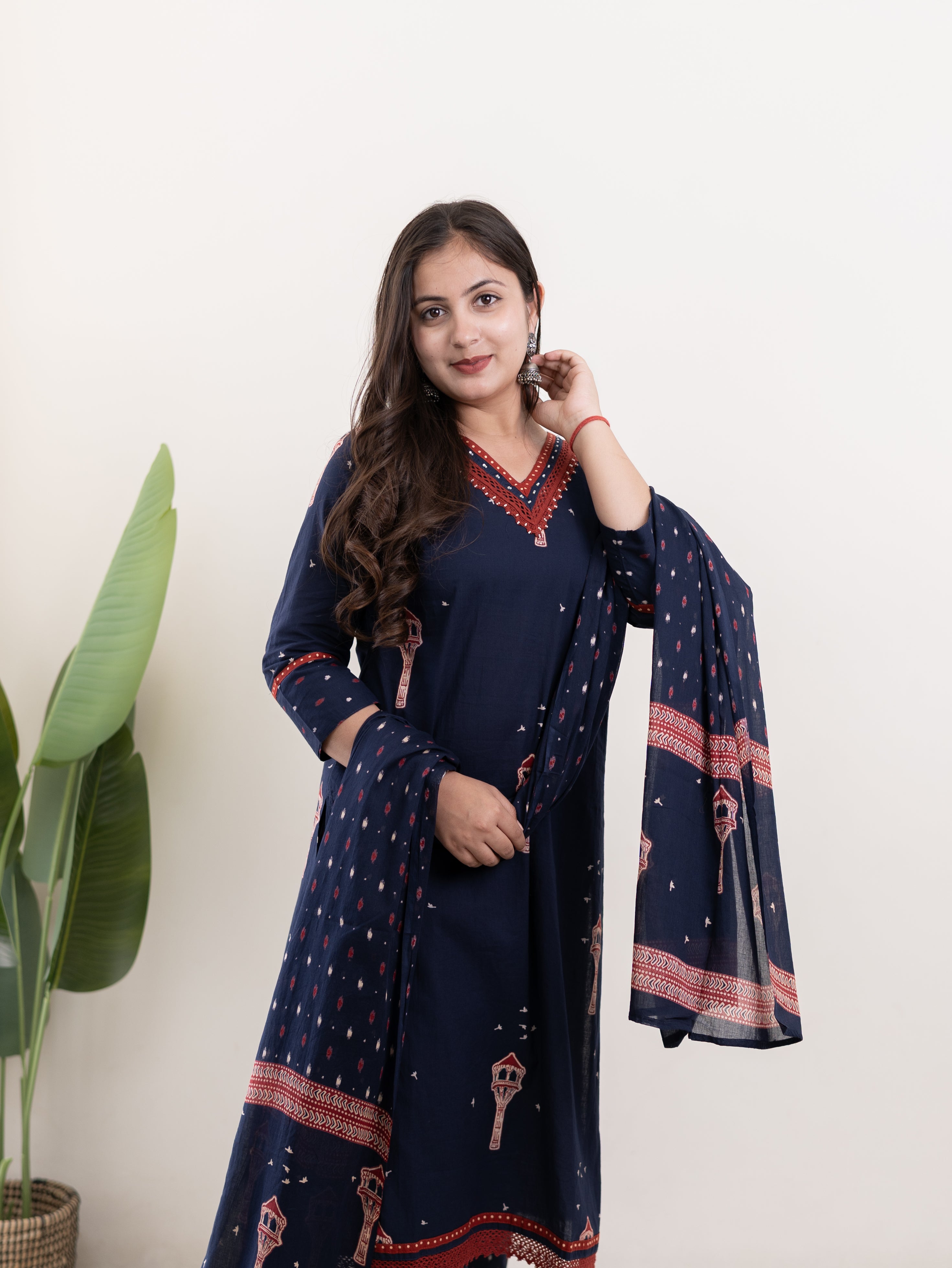 Blue Jaipuri Cotton Embroidered Dupatta Set