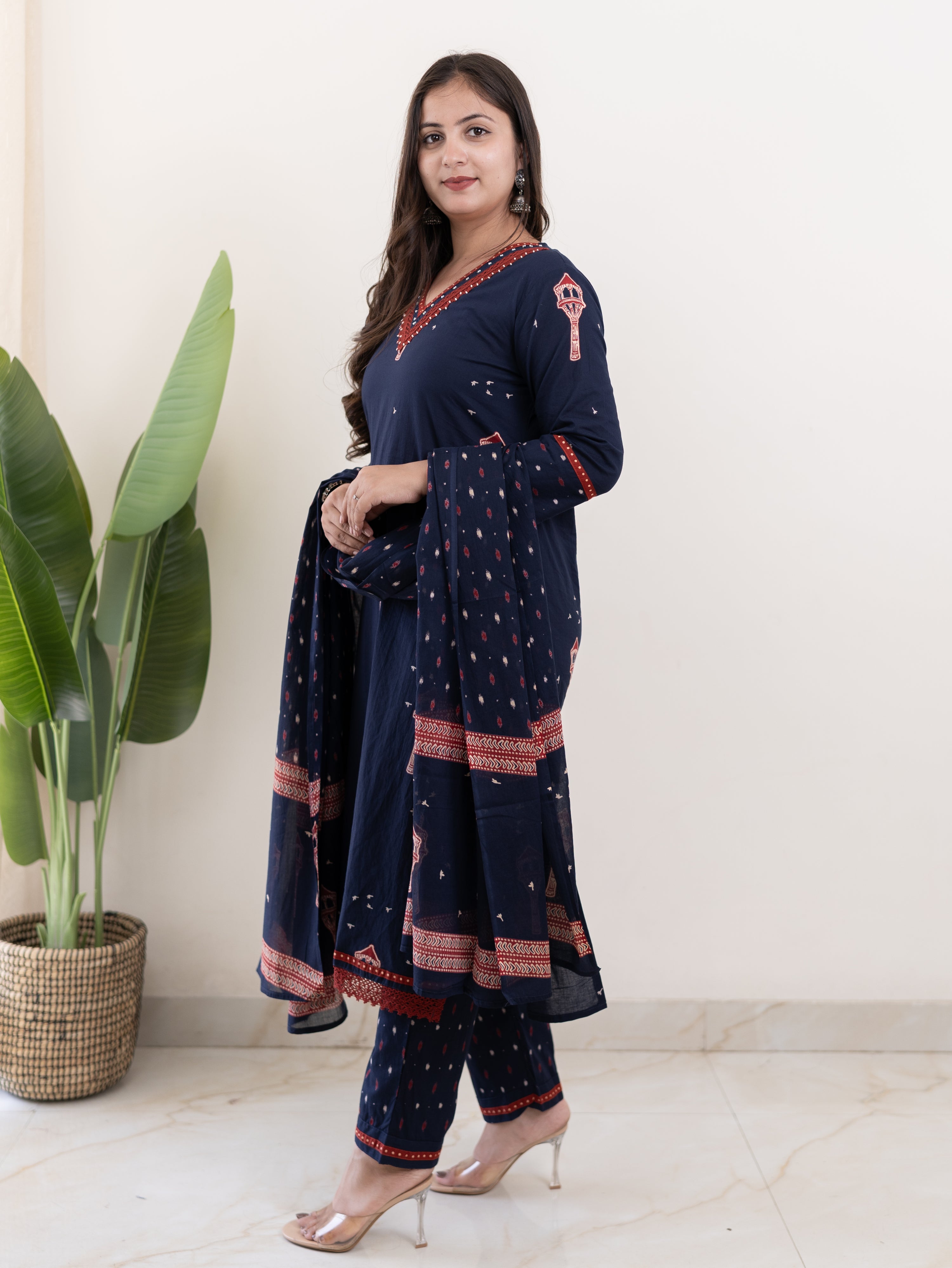 Blue Jaipuri Cotton Embroidered Dupatta Set