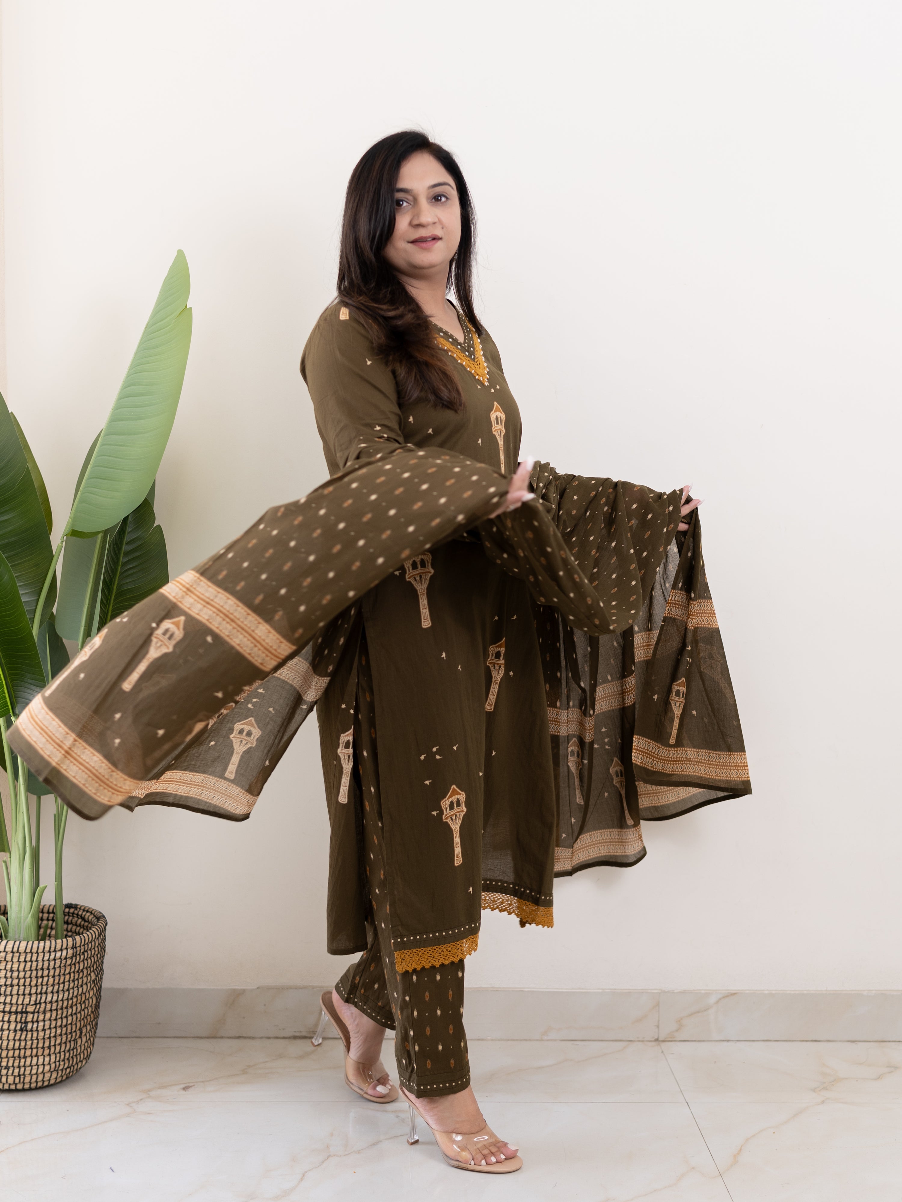 Green Jaipuri Cotton Embroidered Dupatta Set