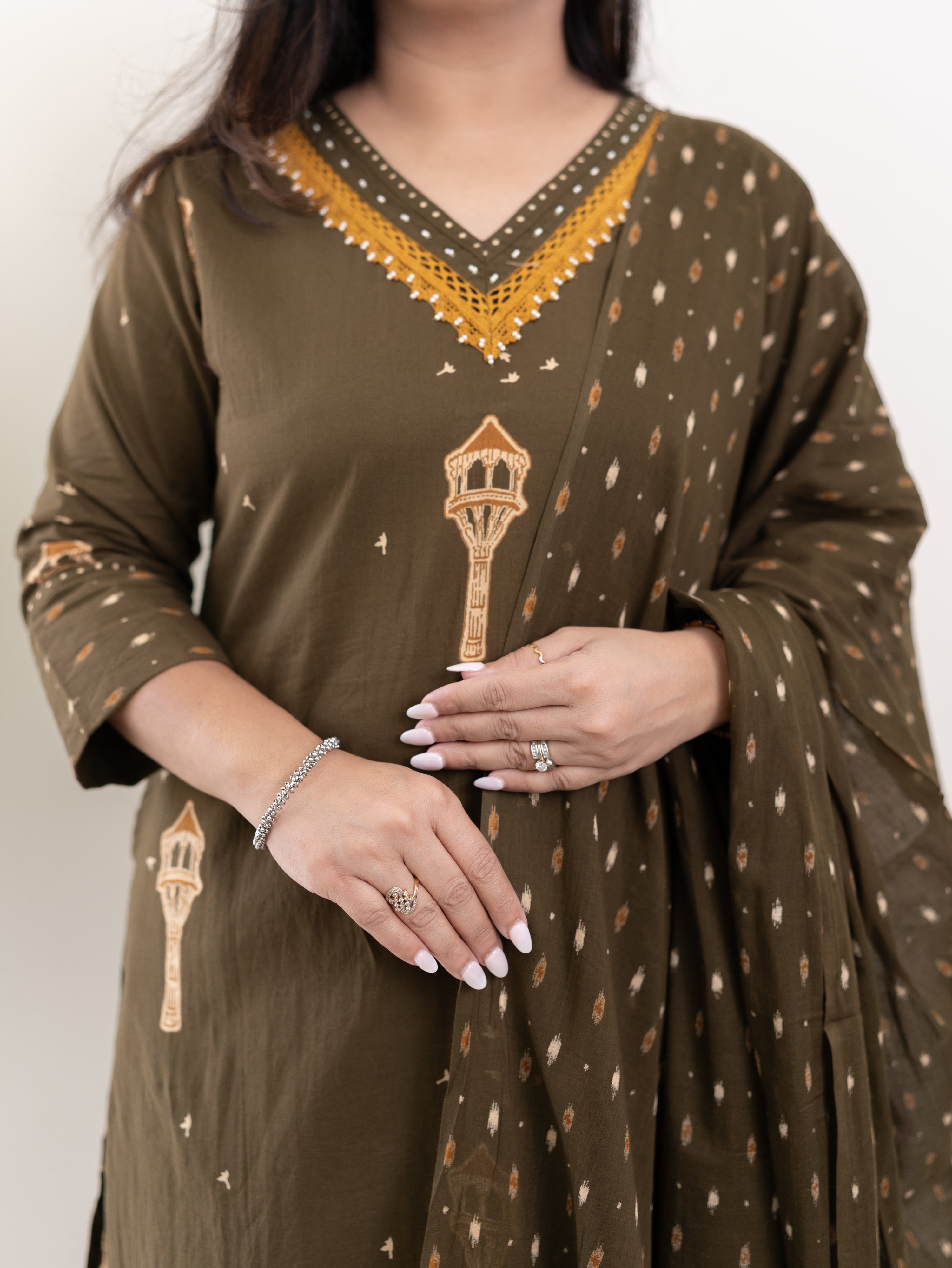 Green Jaipuri Cotton Embroidered Dupatta Set