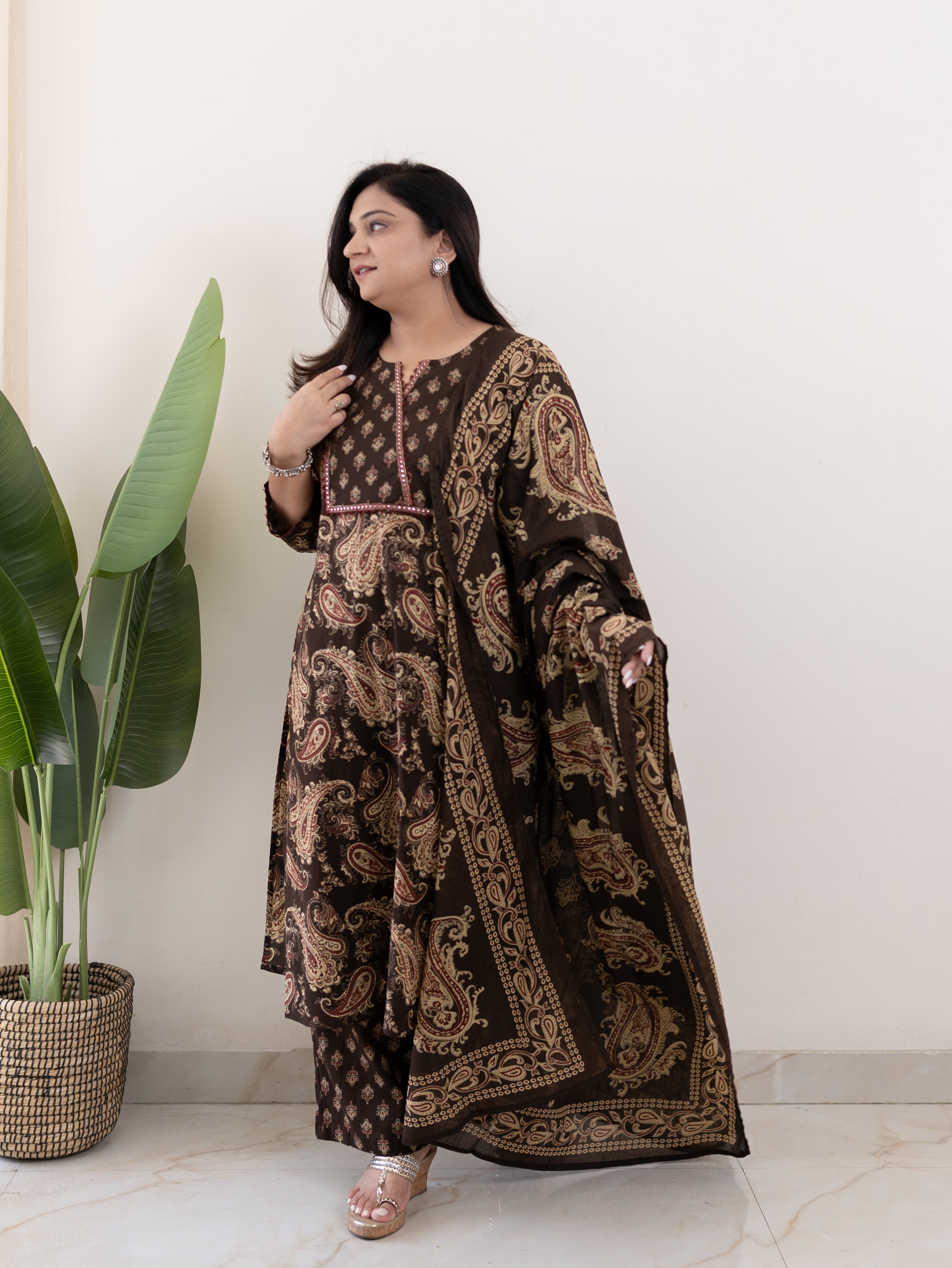 Taya Brown Ajrakh Kalamkari Cotton Embroidered Dupatta Set