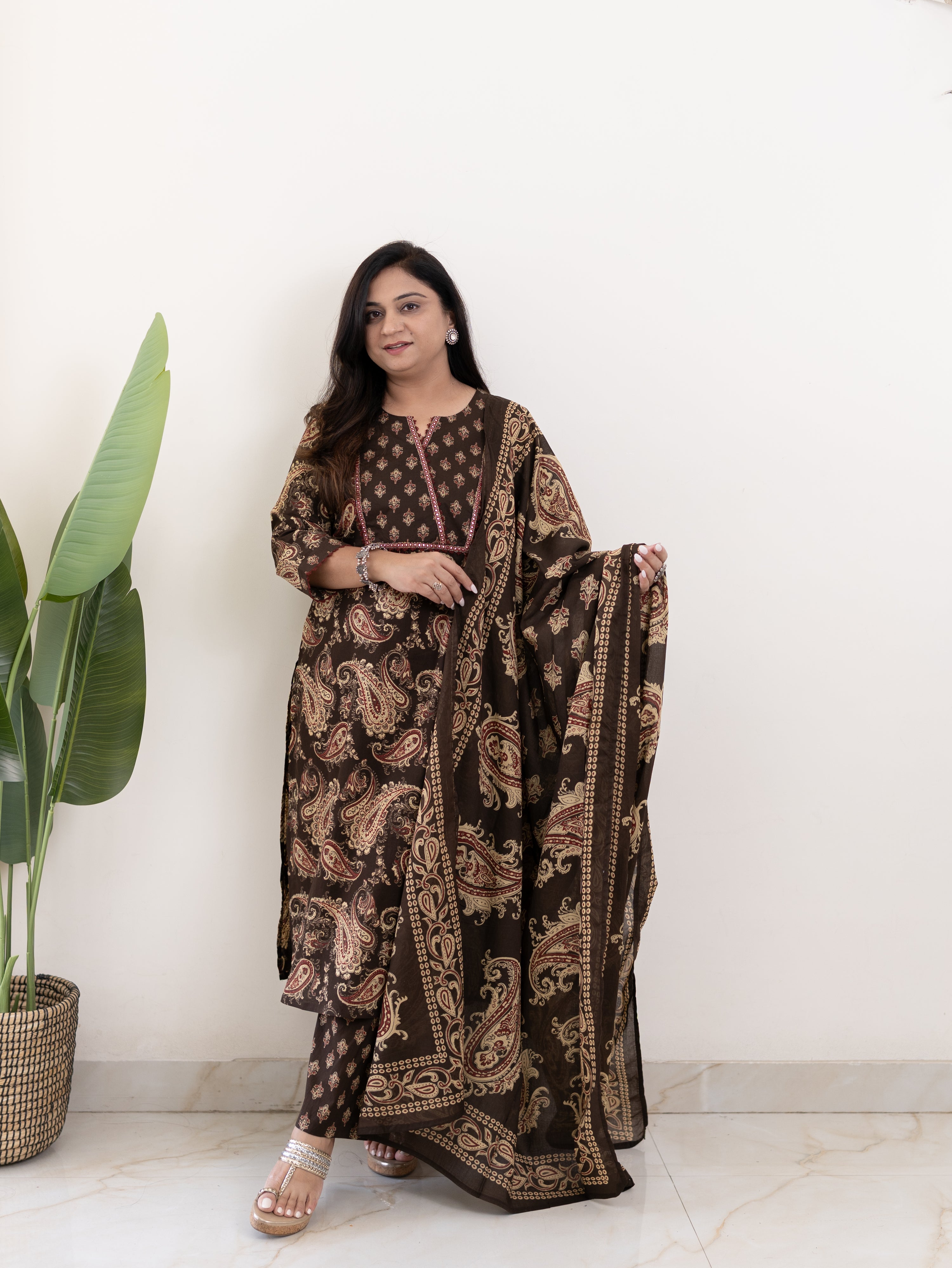 Taya Brown Ajrakh Kalamkari Cotton Embroidered Dupatta Set