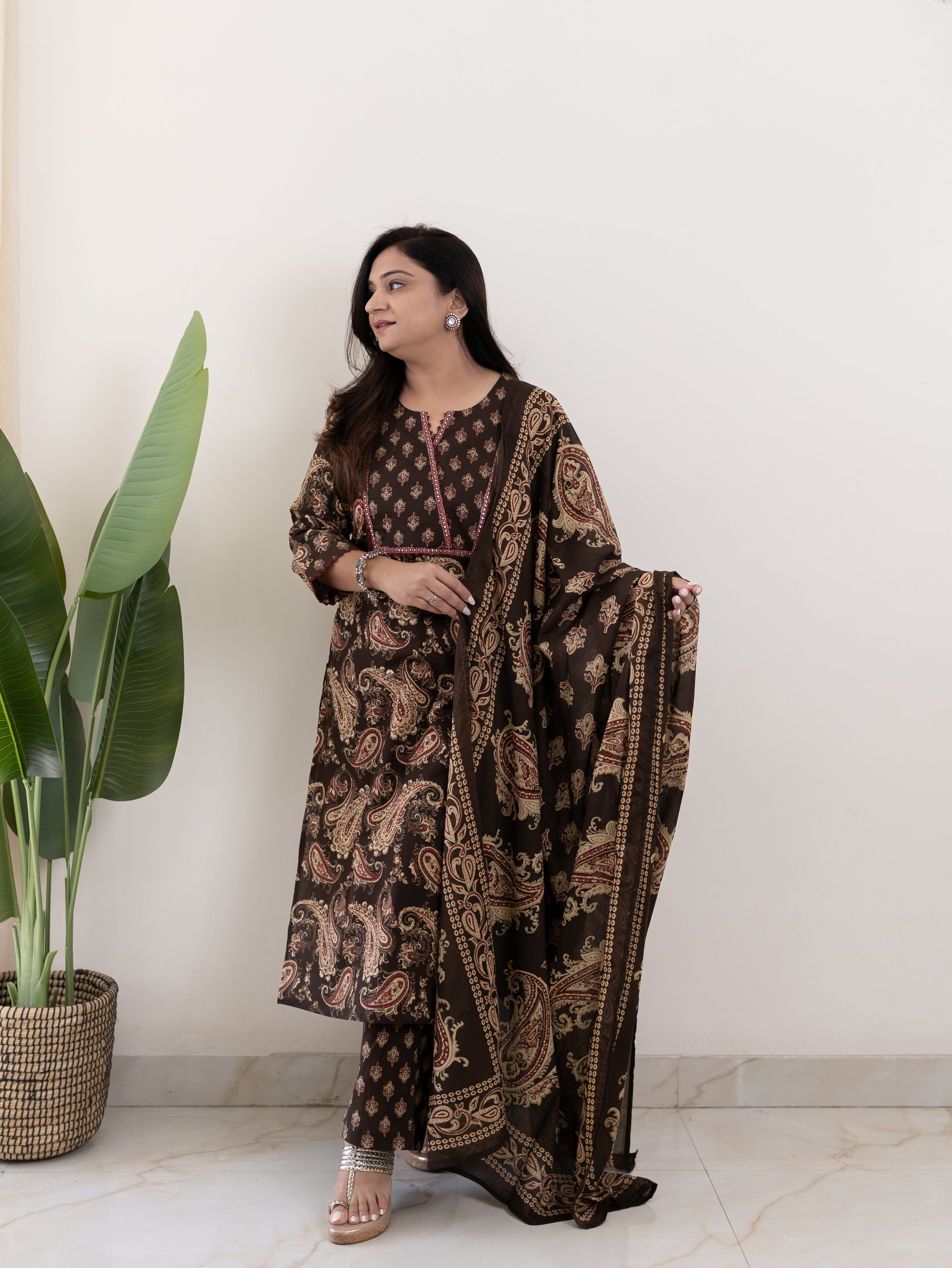 Taya Brown Ajrakh Kalamkari Cotton Embroidered Dupatta Set