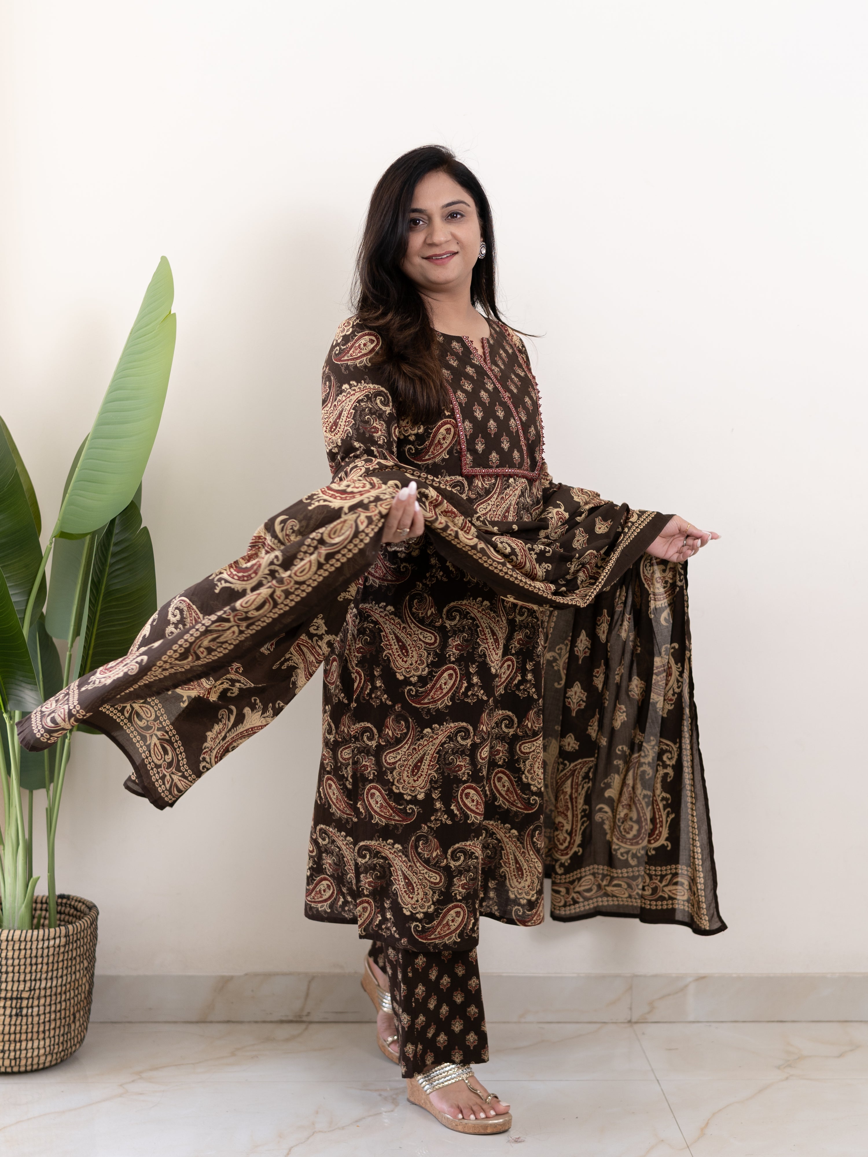 Taya Brown Ajrakh Kalamkari Cotton Embroidered Dupatta Set