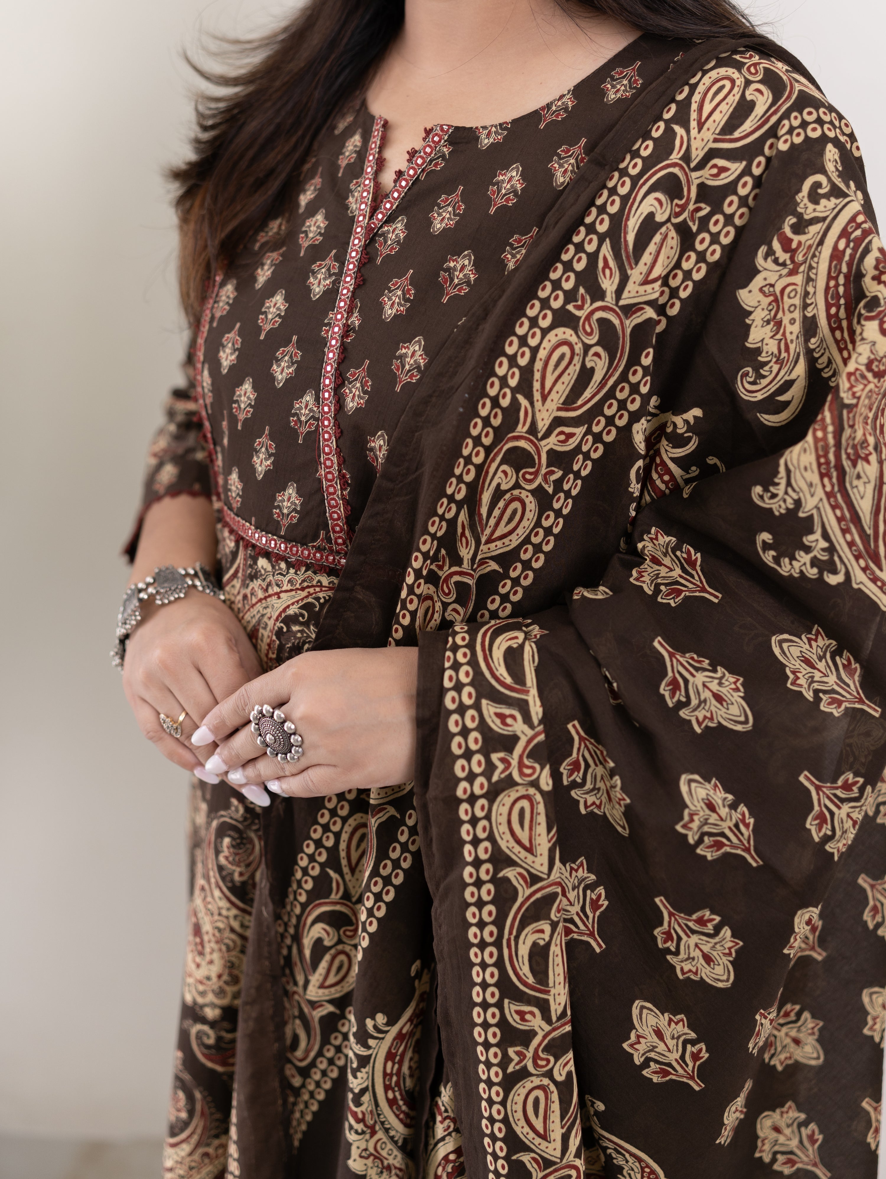 Taya Brown Ajrakh Kalamkari Cotton Embroidered Dupatta Set