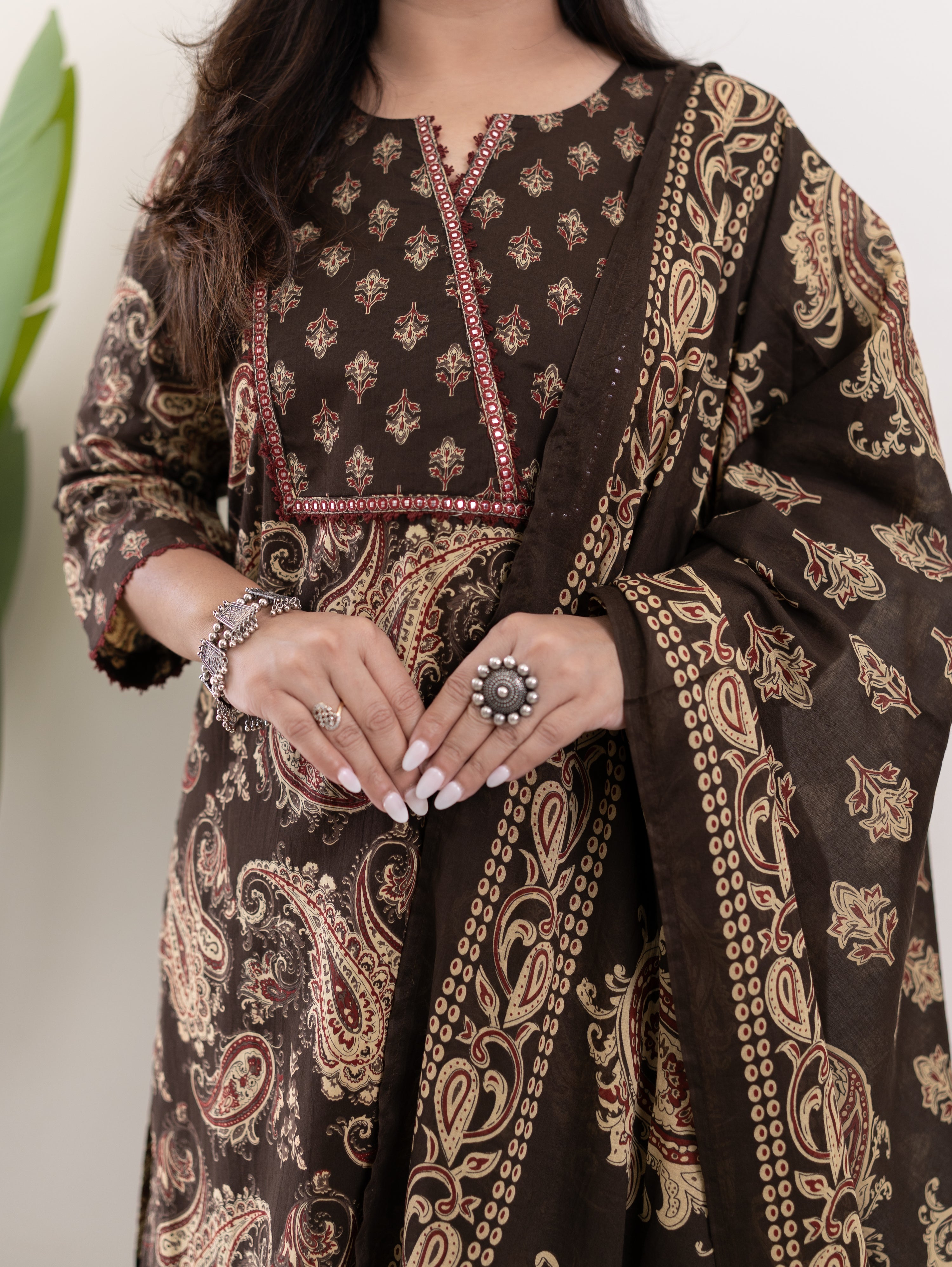 Taya Brown Ajrakh Kalamkari Cotton Embroidered Dupatta Set