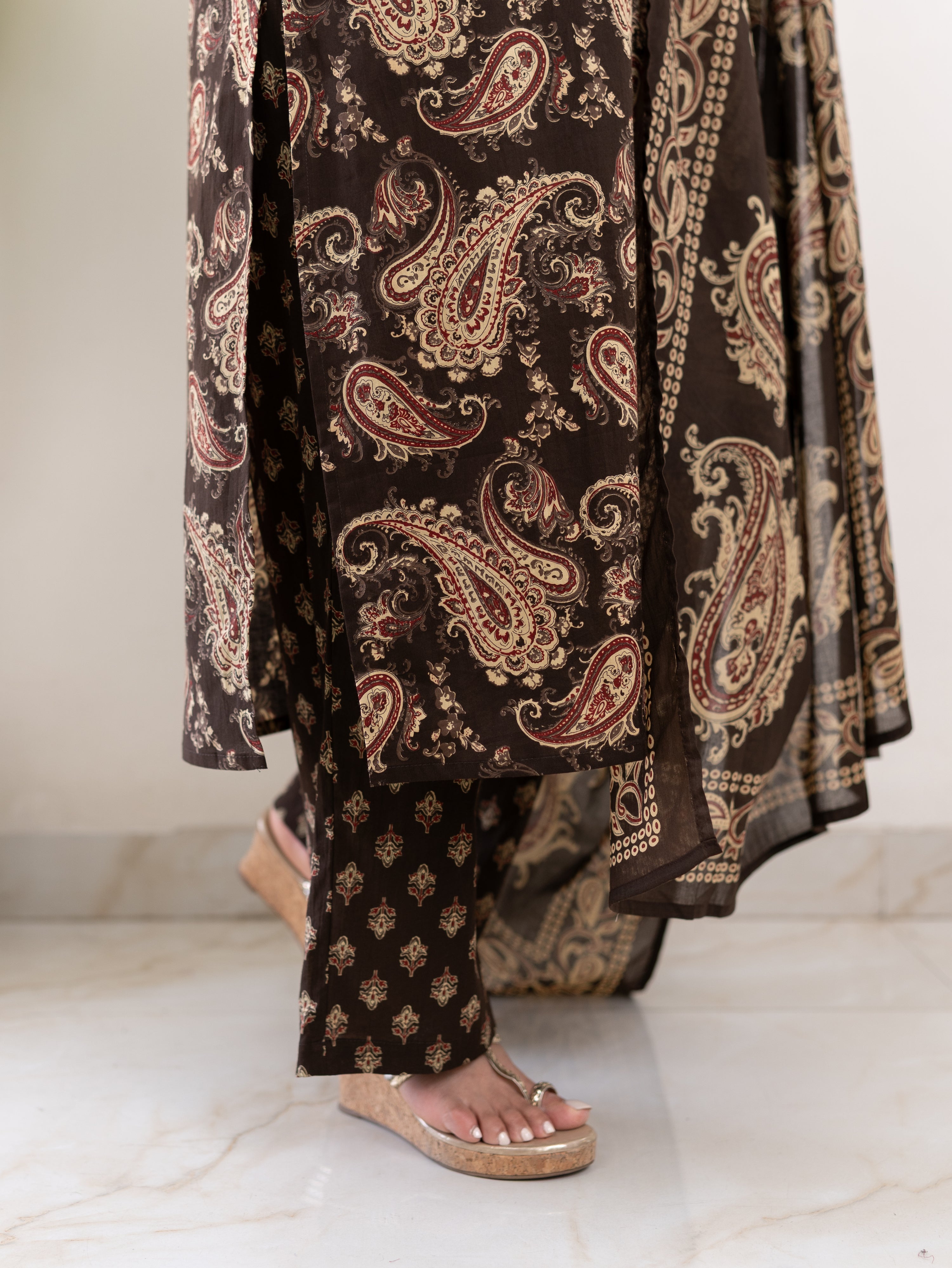 Taya Brown Ajrakh Kalamkari Cotton Embroidered Dupatta Set