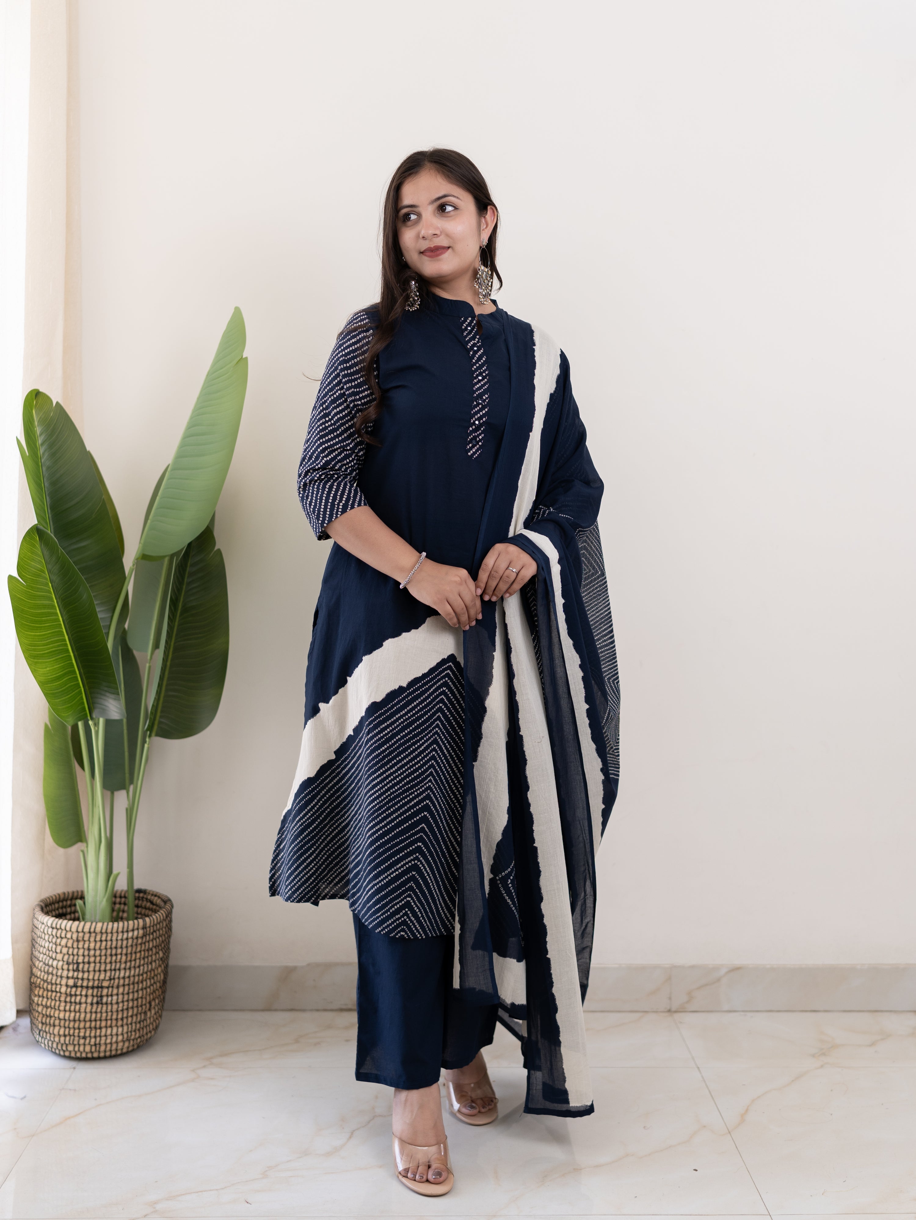 Isra Navy blue Cotton Bandhani Straight Dupatta Set