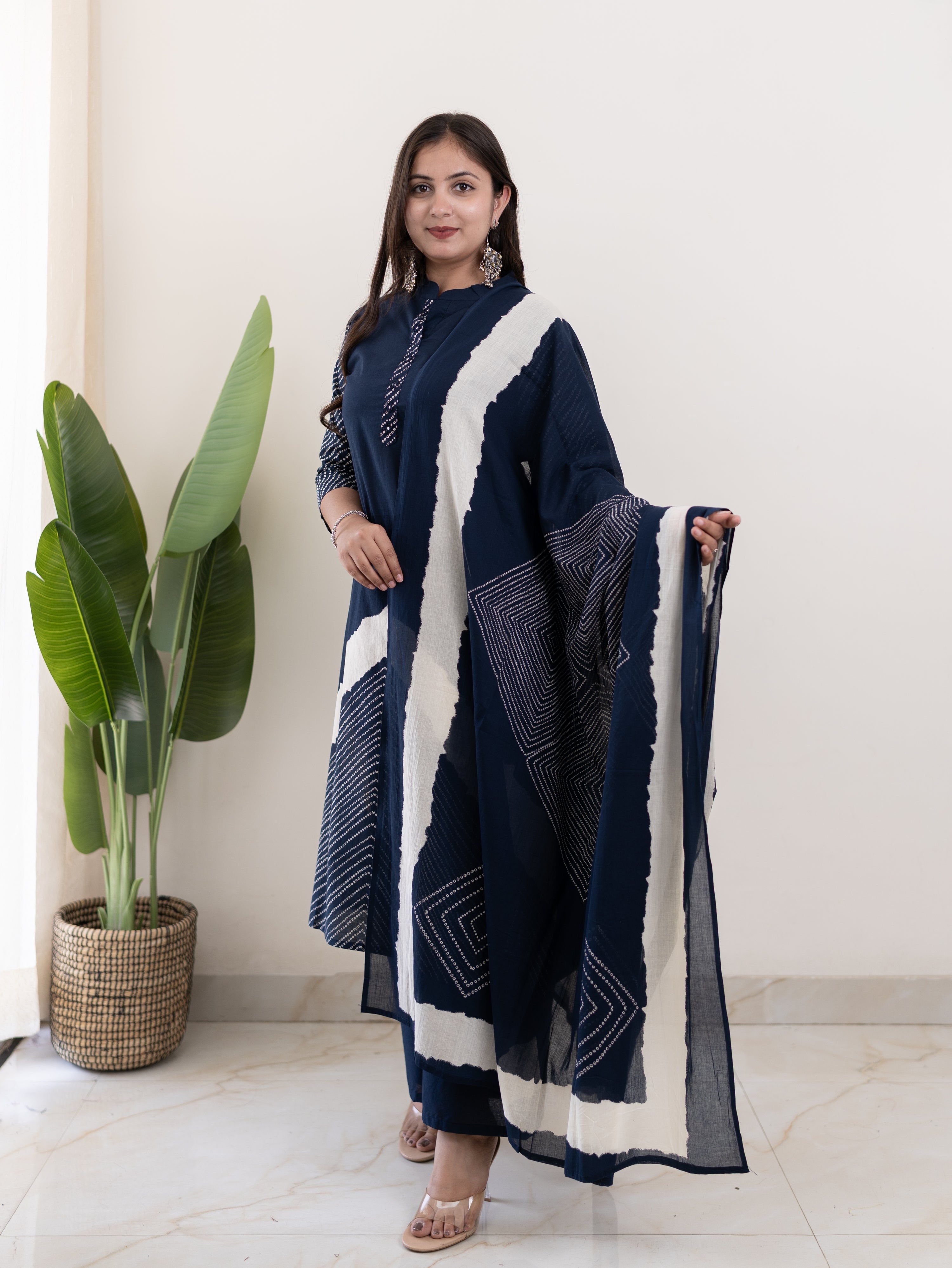 Isra Navy blue Cotton Bandhani Straight Dupatta Set