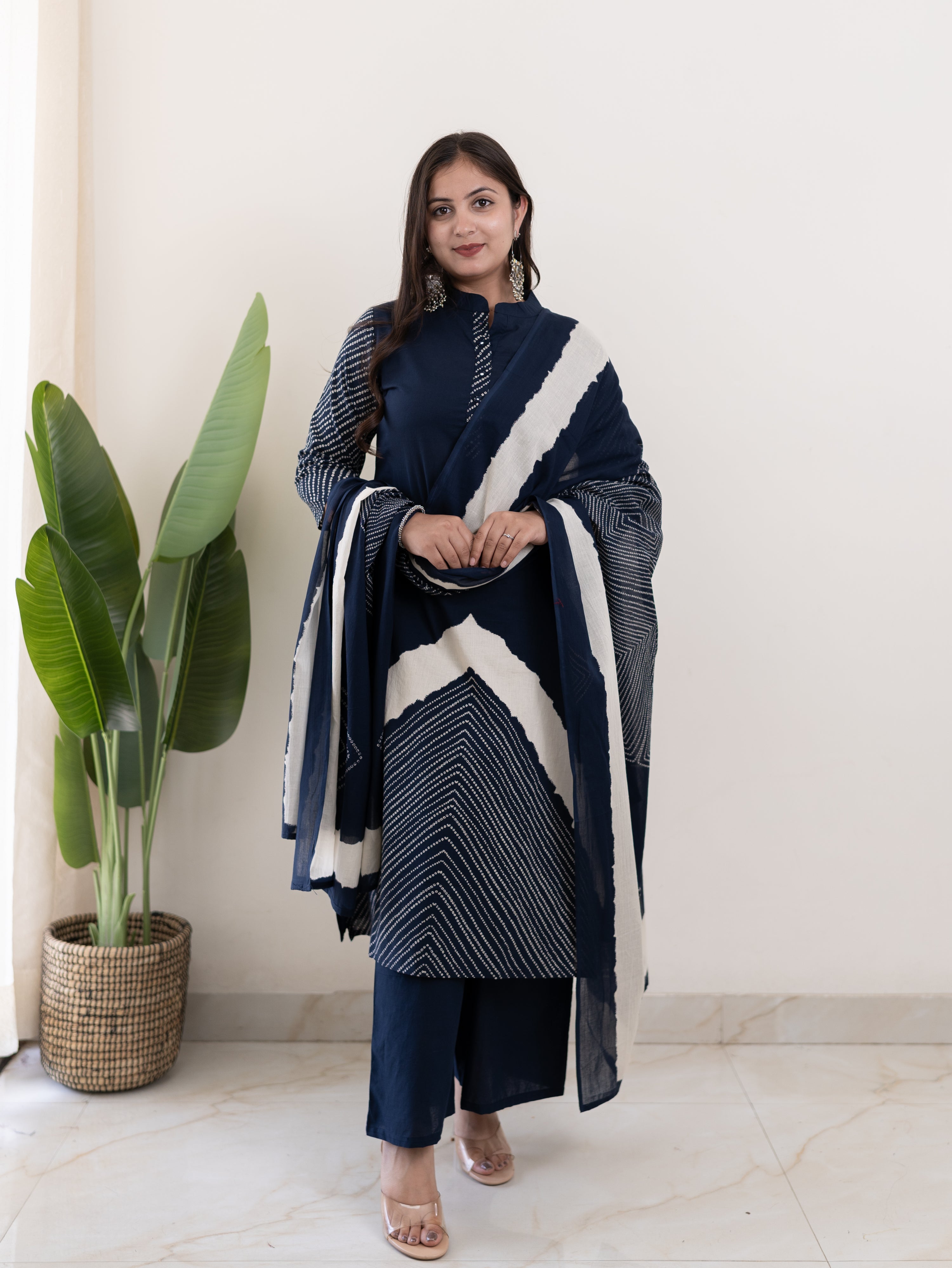 Isra Navy blue Cotton Bandhani Straight Dupatta Set