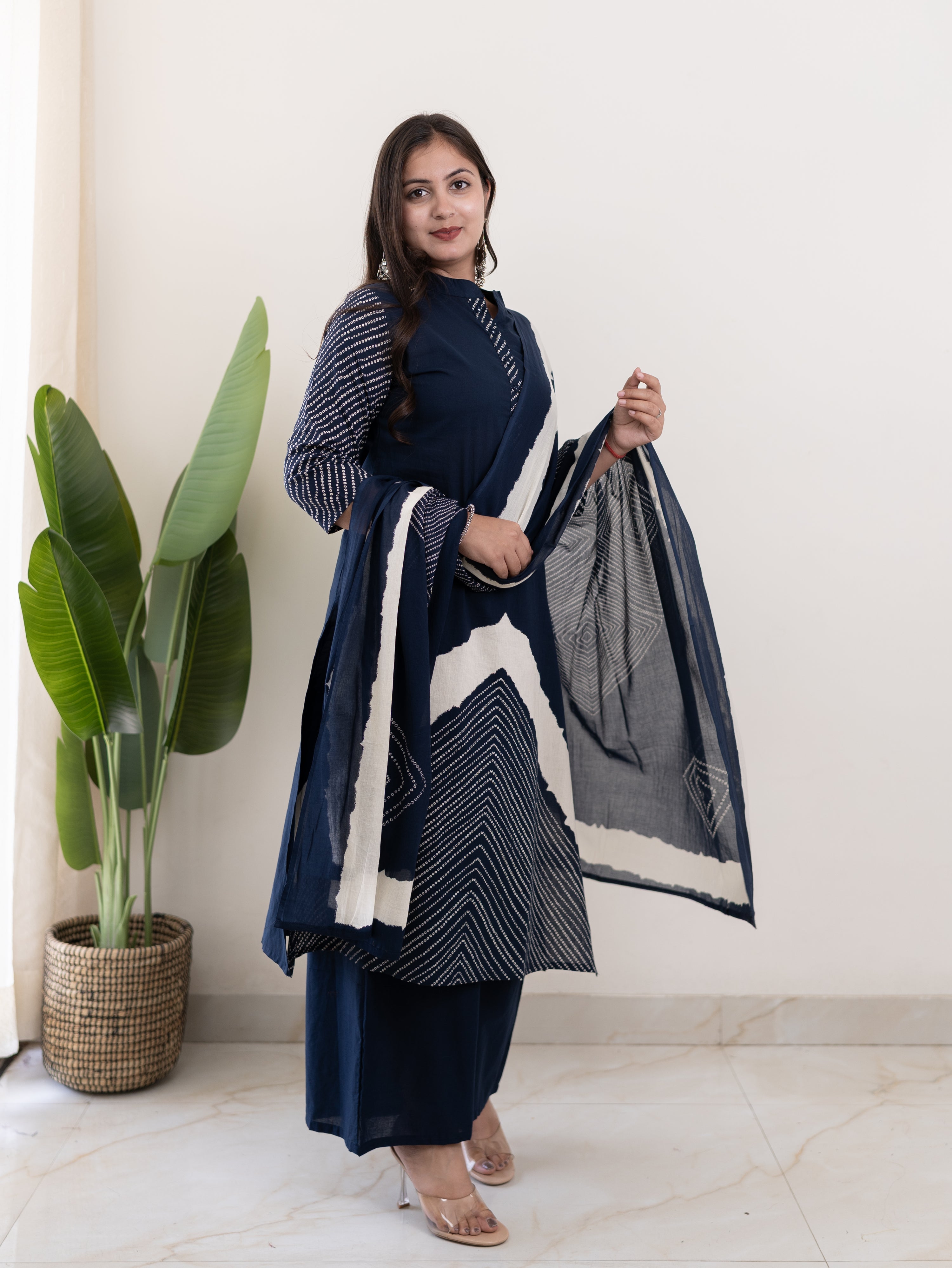 Isra Navy blue Cotton Bandhani Straight Dupatta Set