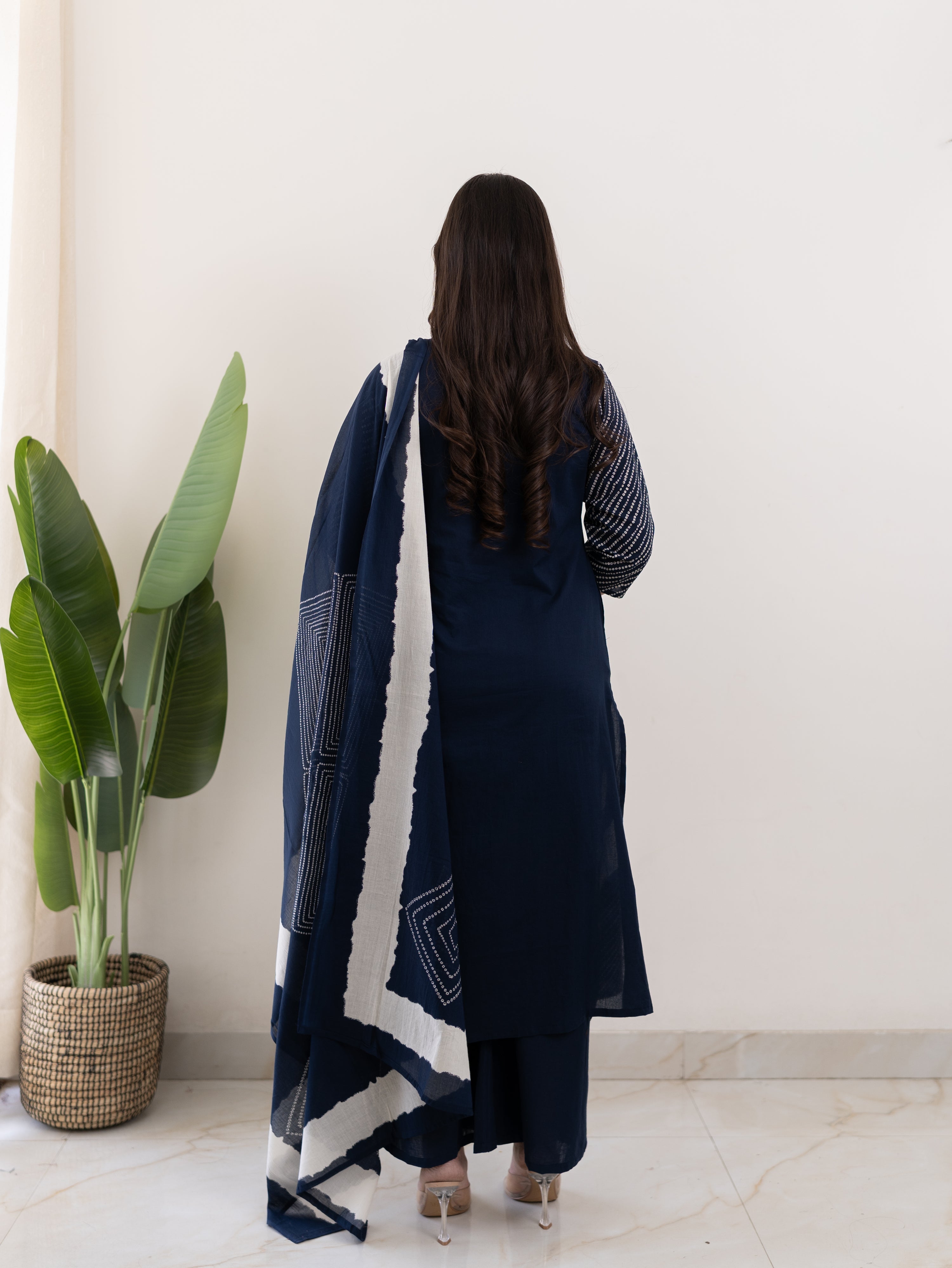 Isra Navy blue Cotton Bandhani Straight Dupatta Set
