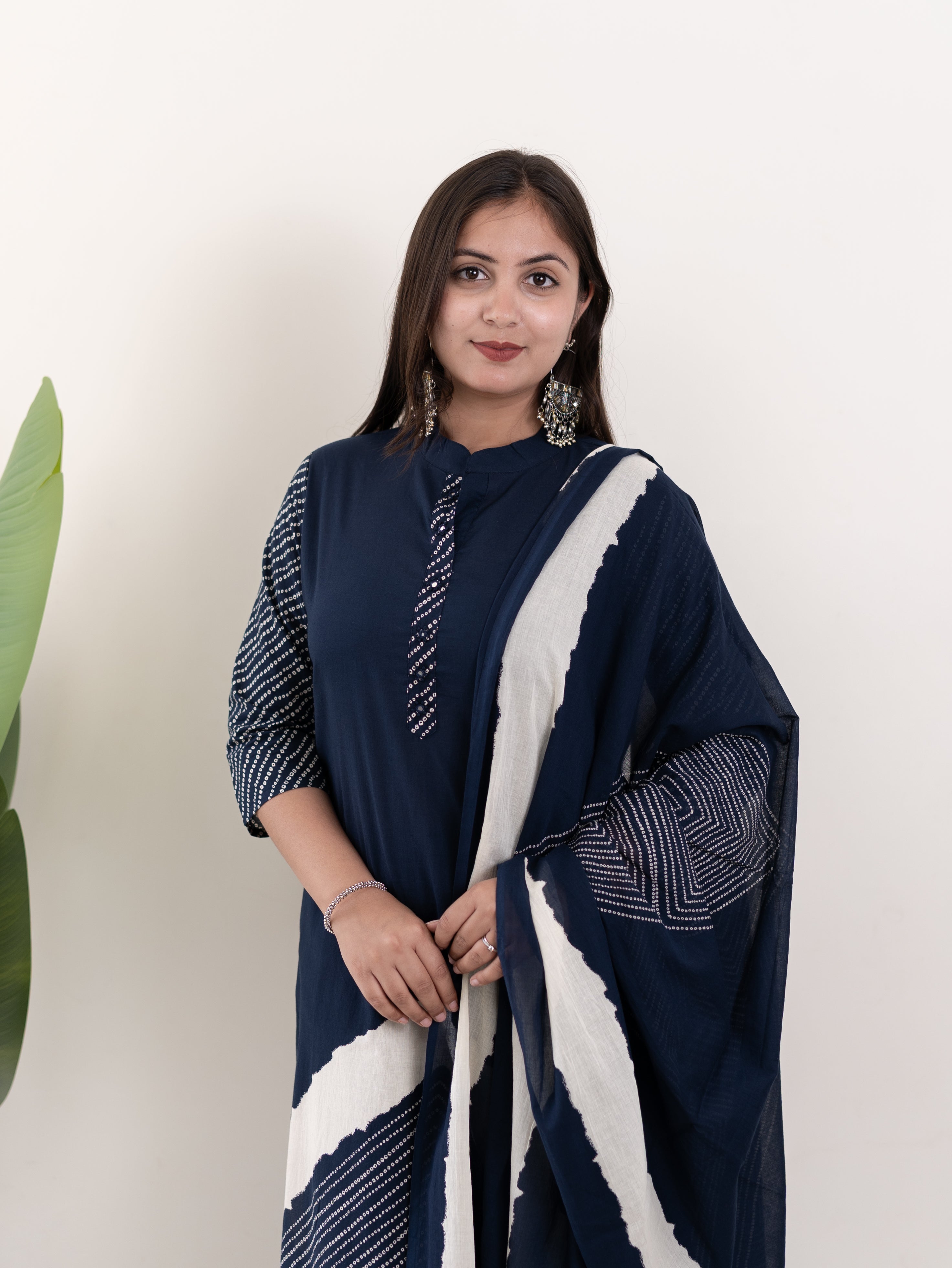 Isra Navy blue Cotton Bandhani Straight Dupatta Set