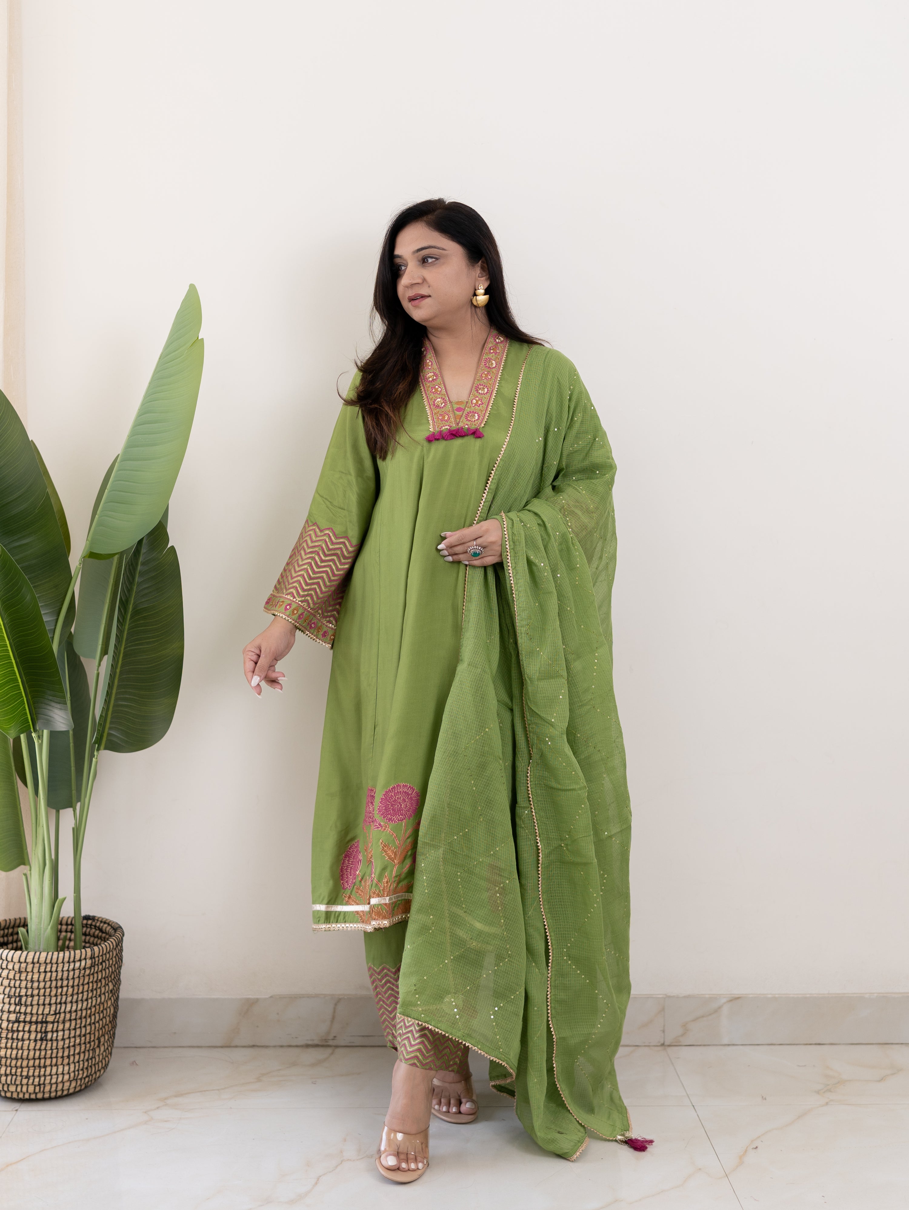 Jasmine Green Muslin HandEmbroidered Anarkali Dupatta Set