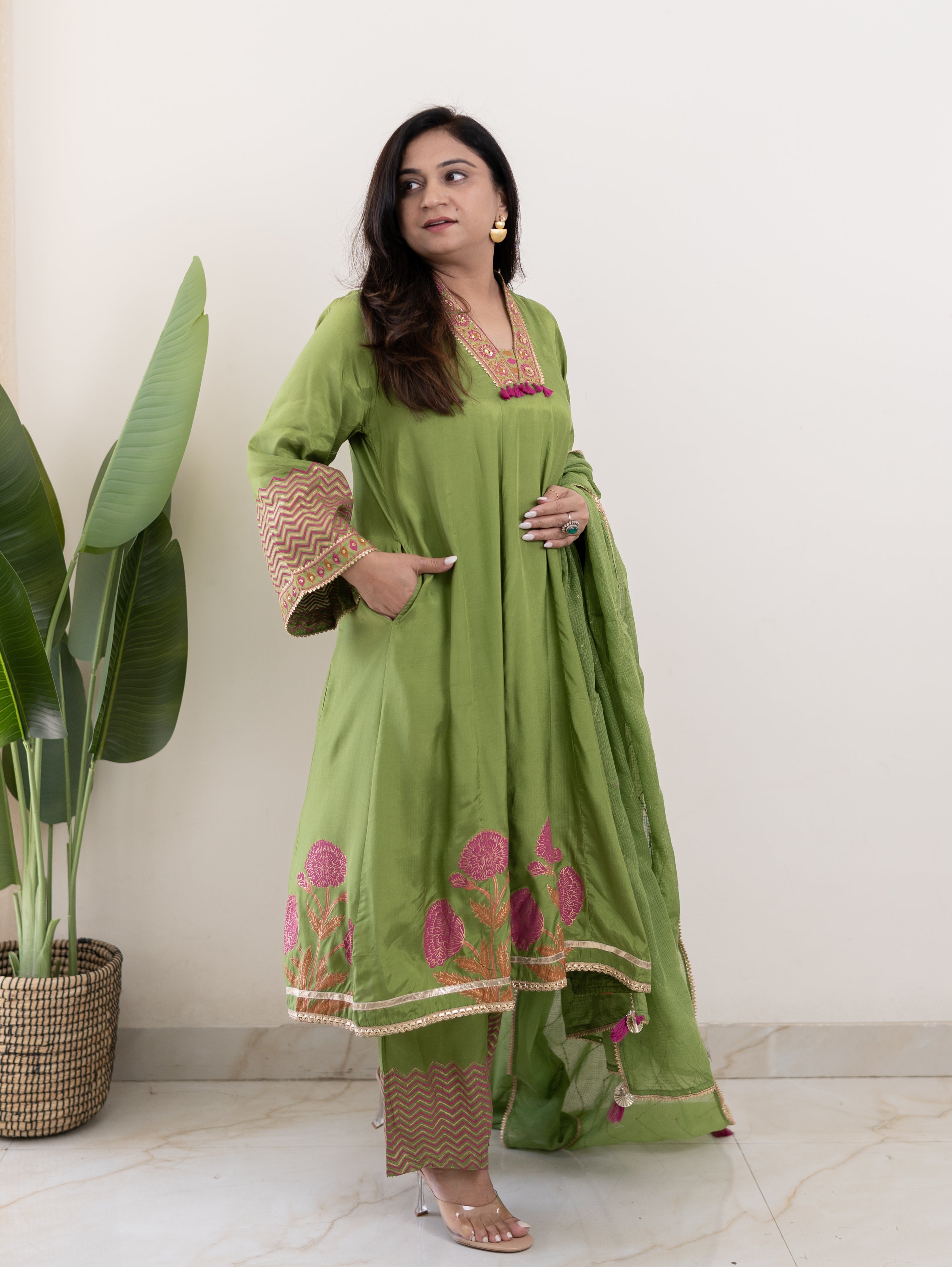 Jasmine Green Muslin HandEmbroidered Anarkali Dupatta Set