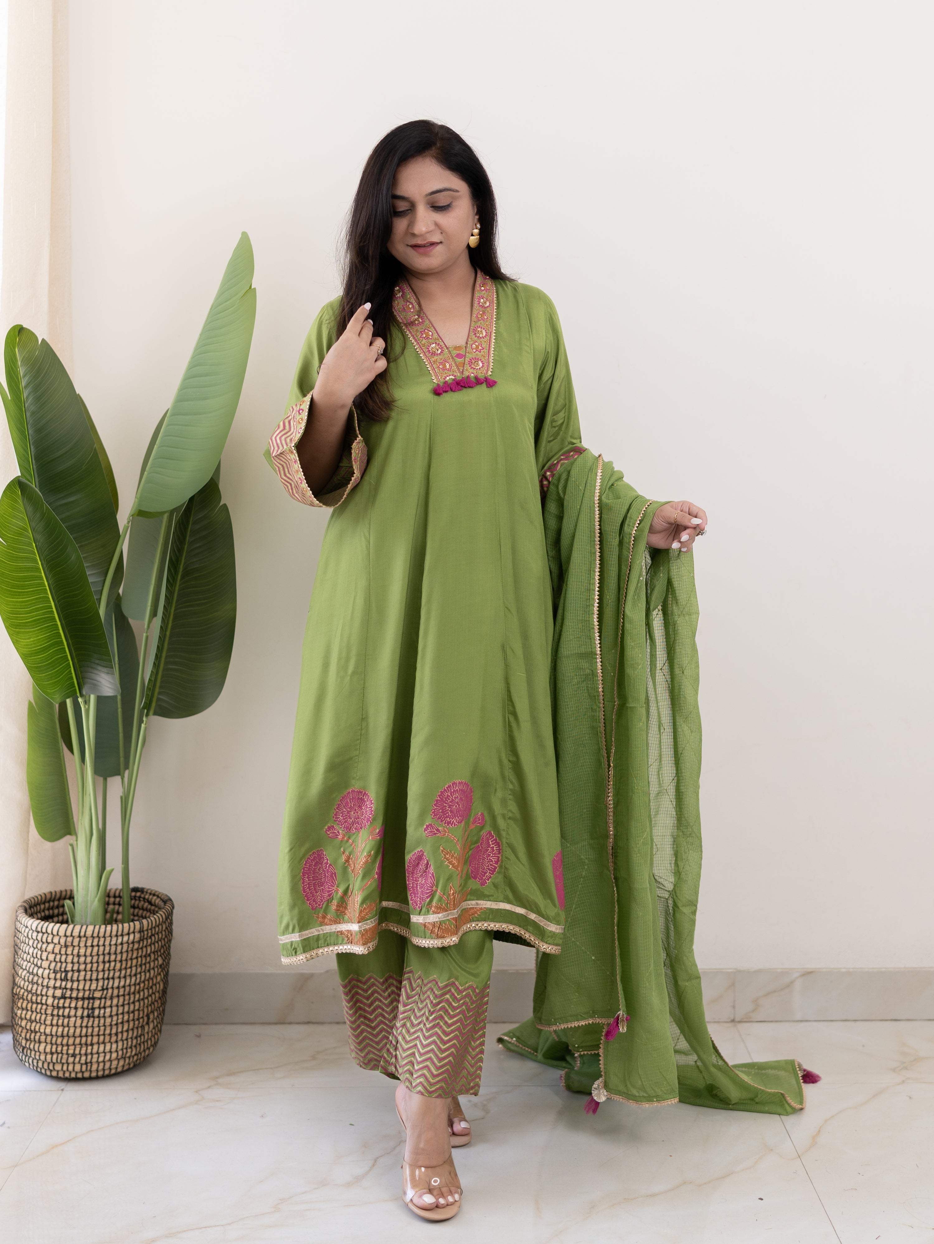 Jasmine Green Muslin HandEmbroidered Anarkali Dupatta Set