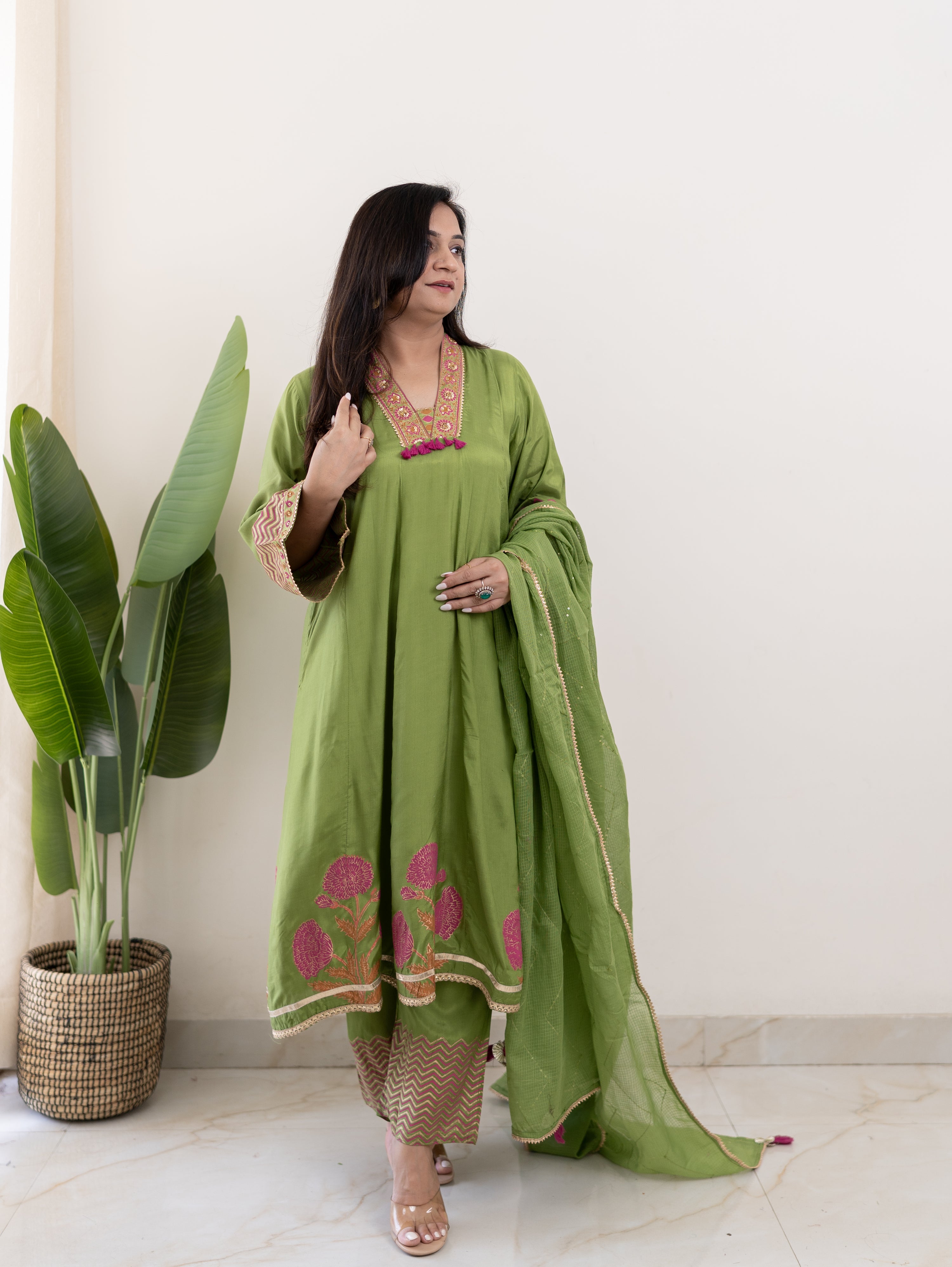 Jasmine Green Muslin HandEmbroidered Anarkali Dupatta Set