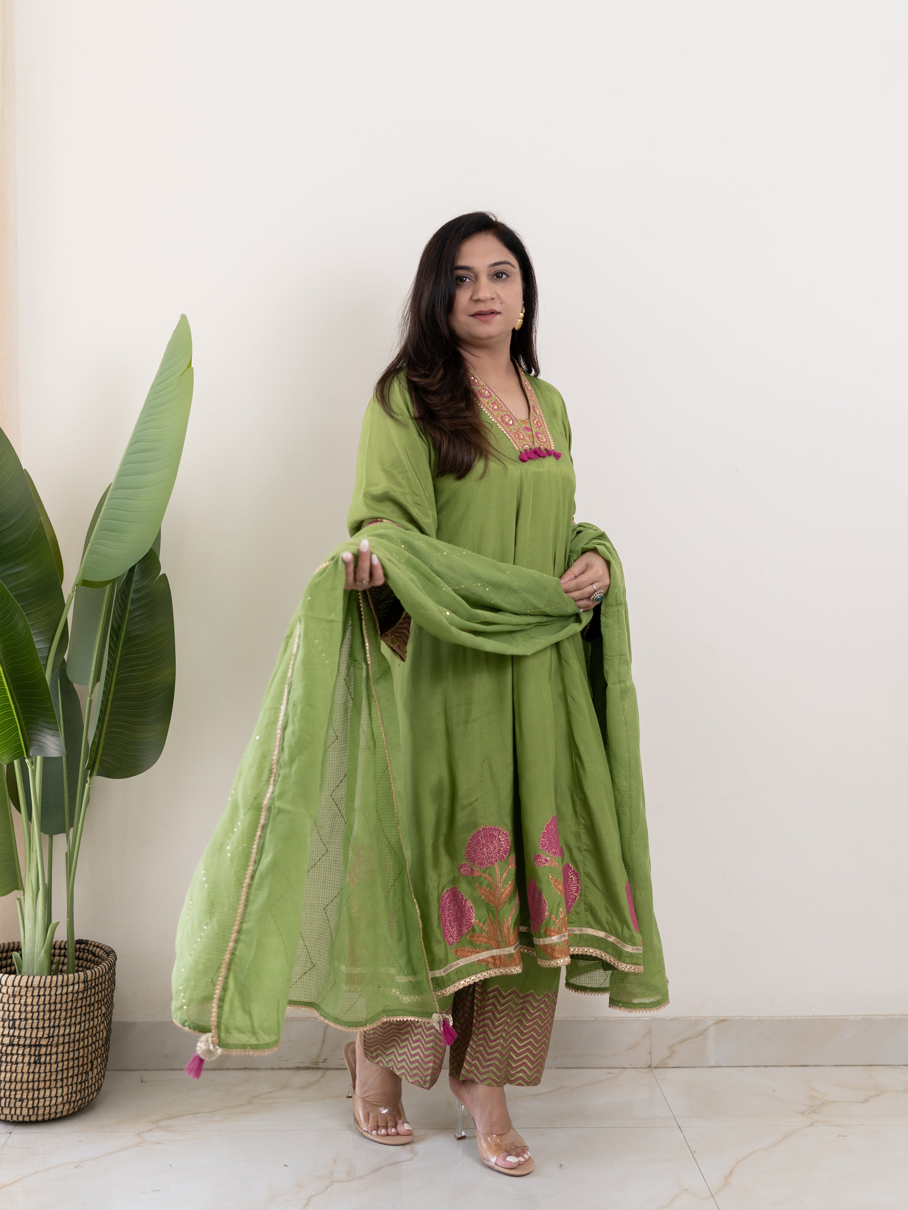 Jasmine Green Muslin HandEmbroidered Anarkali Dupatta Set