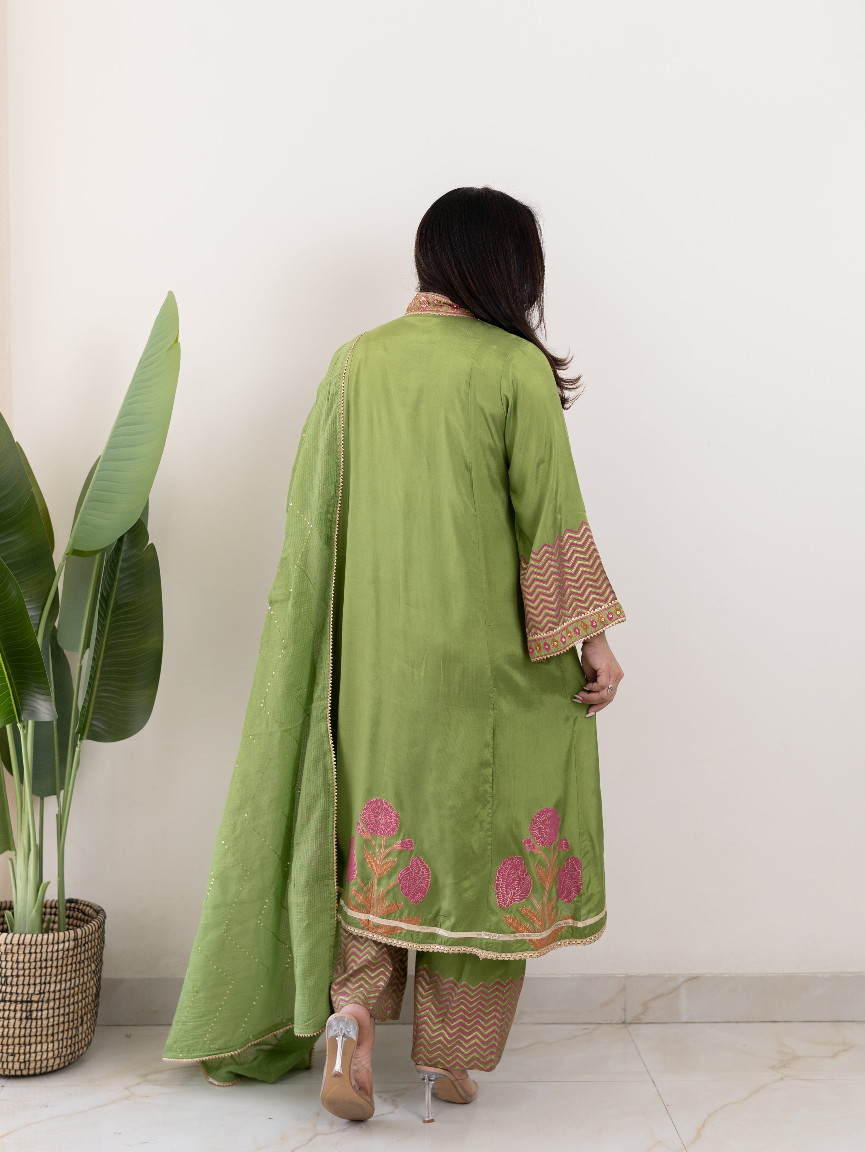 Jasmine Green Muslin HandEmbroidered Anarkali Dupatta Set