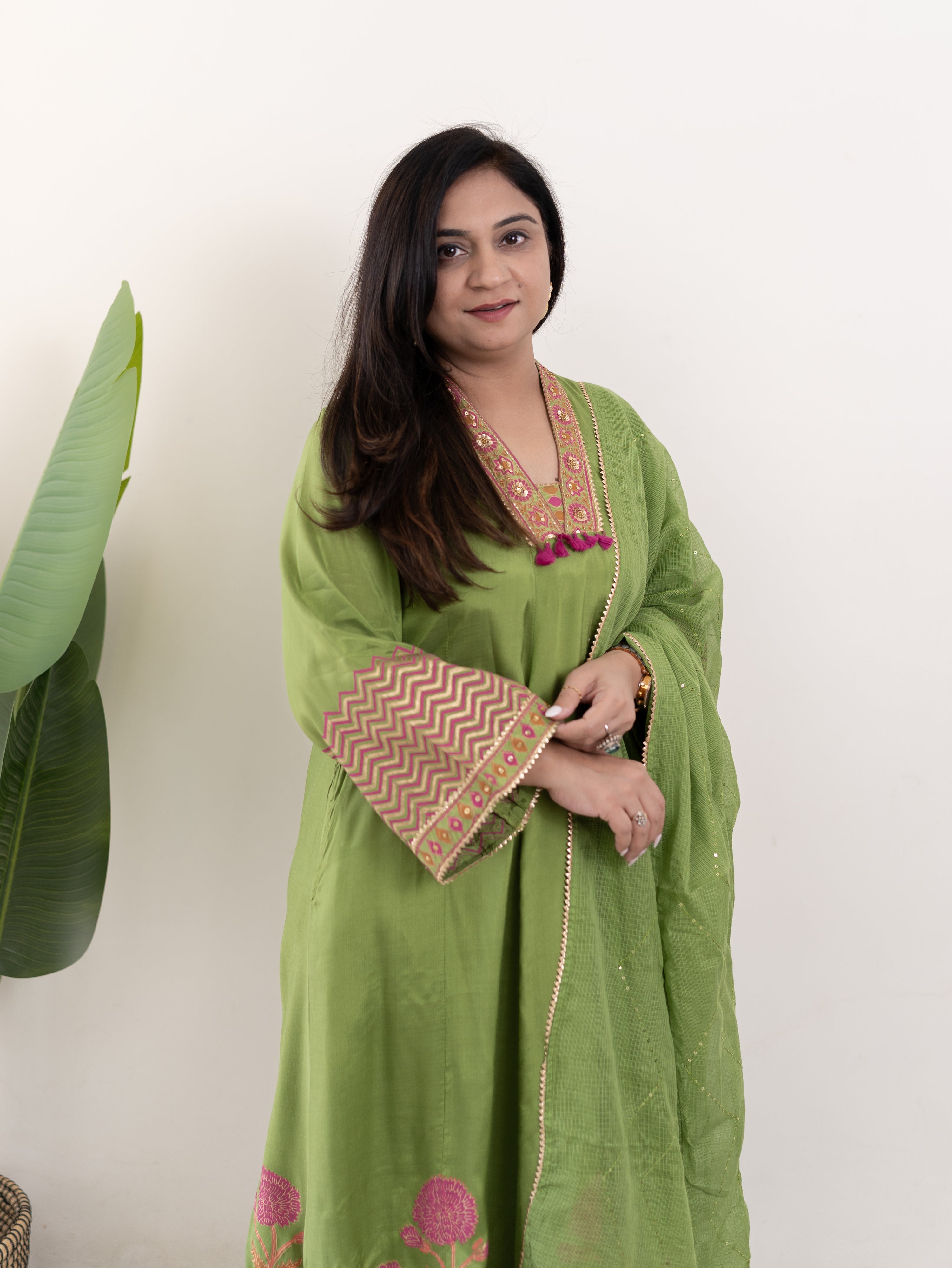 Jasmine Green Muslin HandEmbroidered Anarkali Dupatta Set