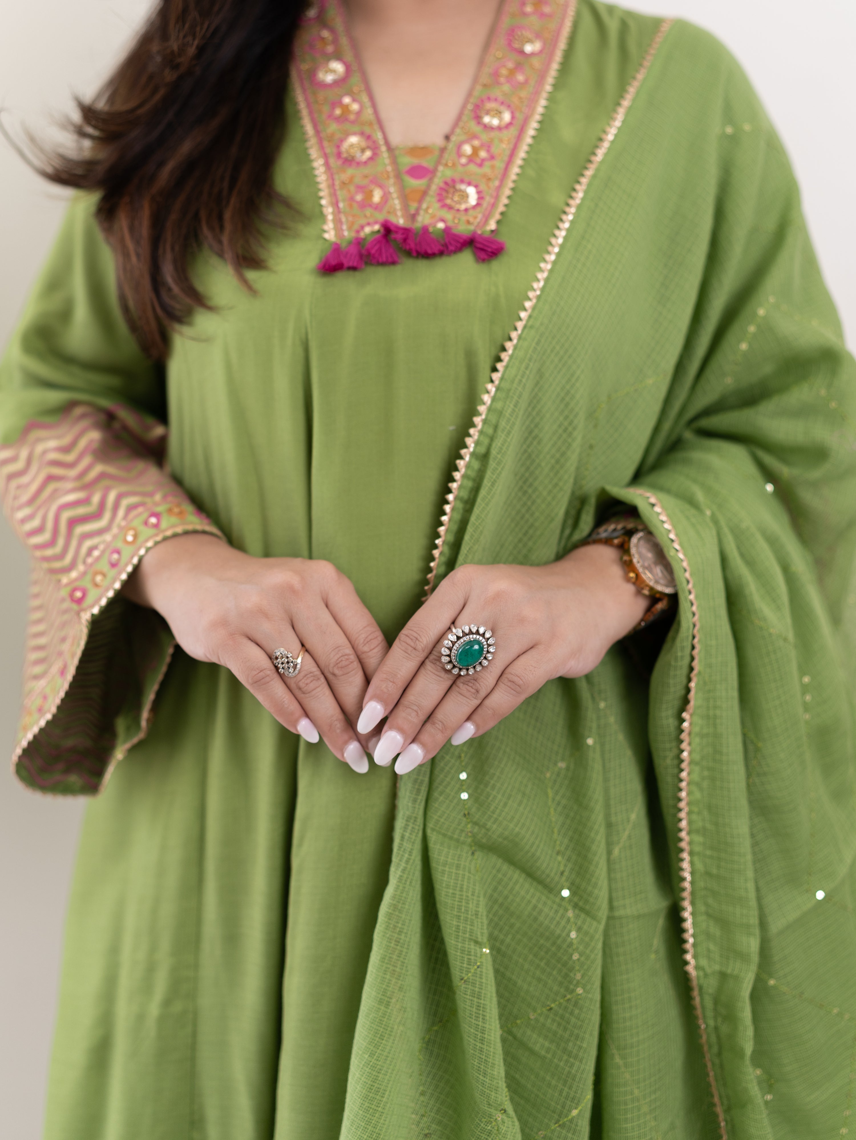 Jasmine Green Muslin HandEmbroidered Anarkali Dupatta Set