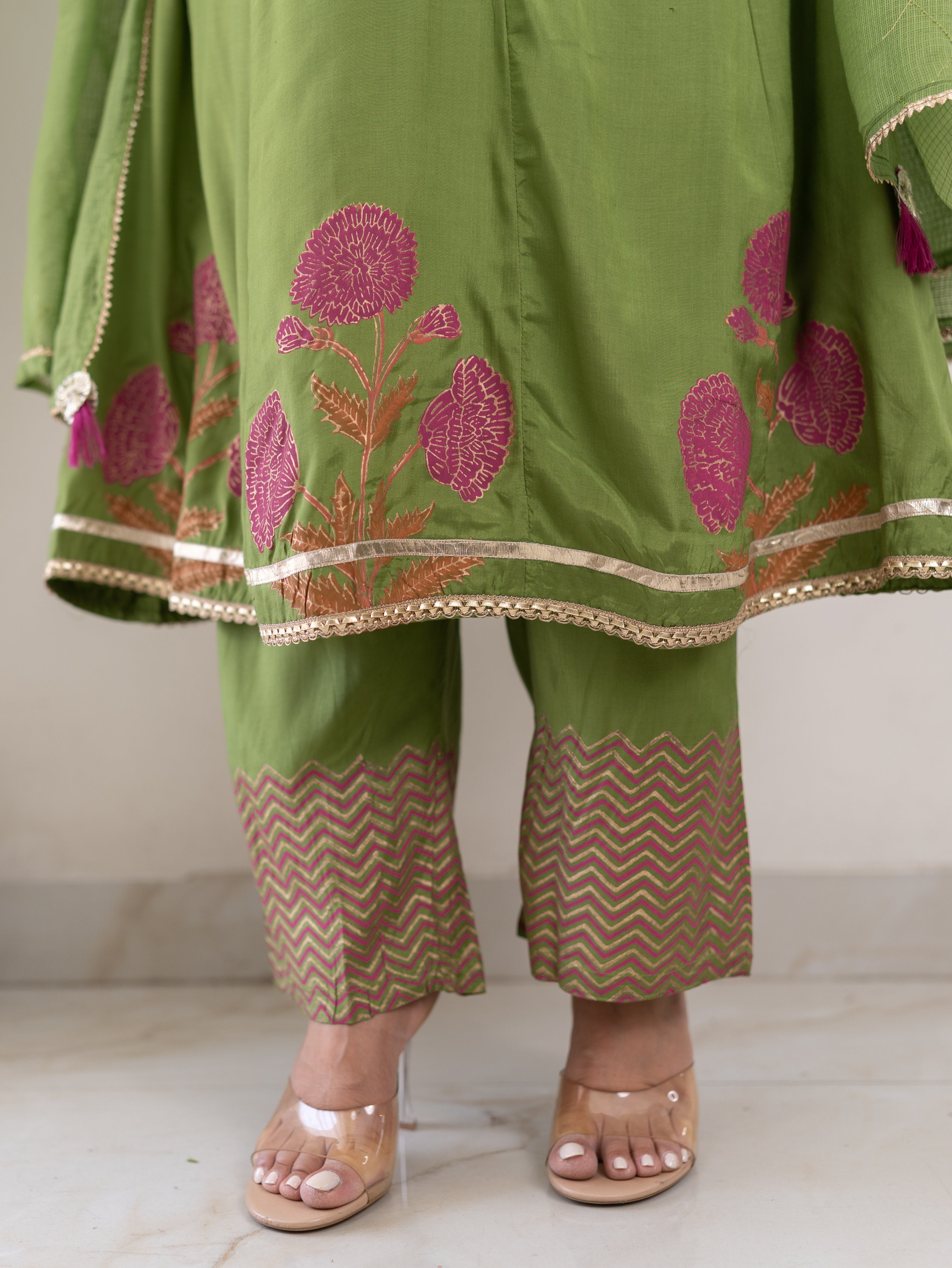 Jasmine Green Muslin HandEmbroidered Anarkali Dupatta Set